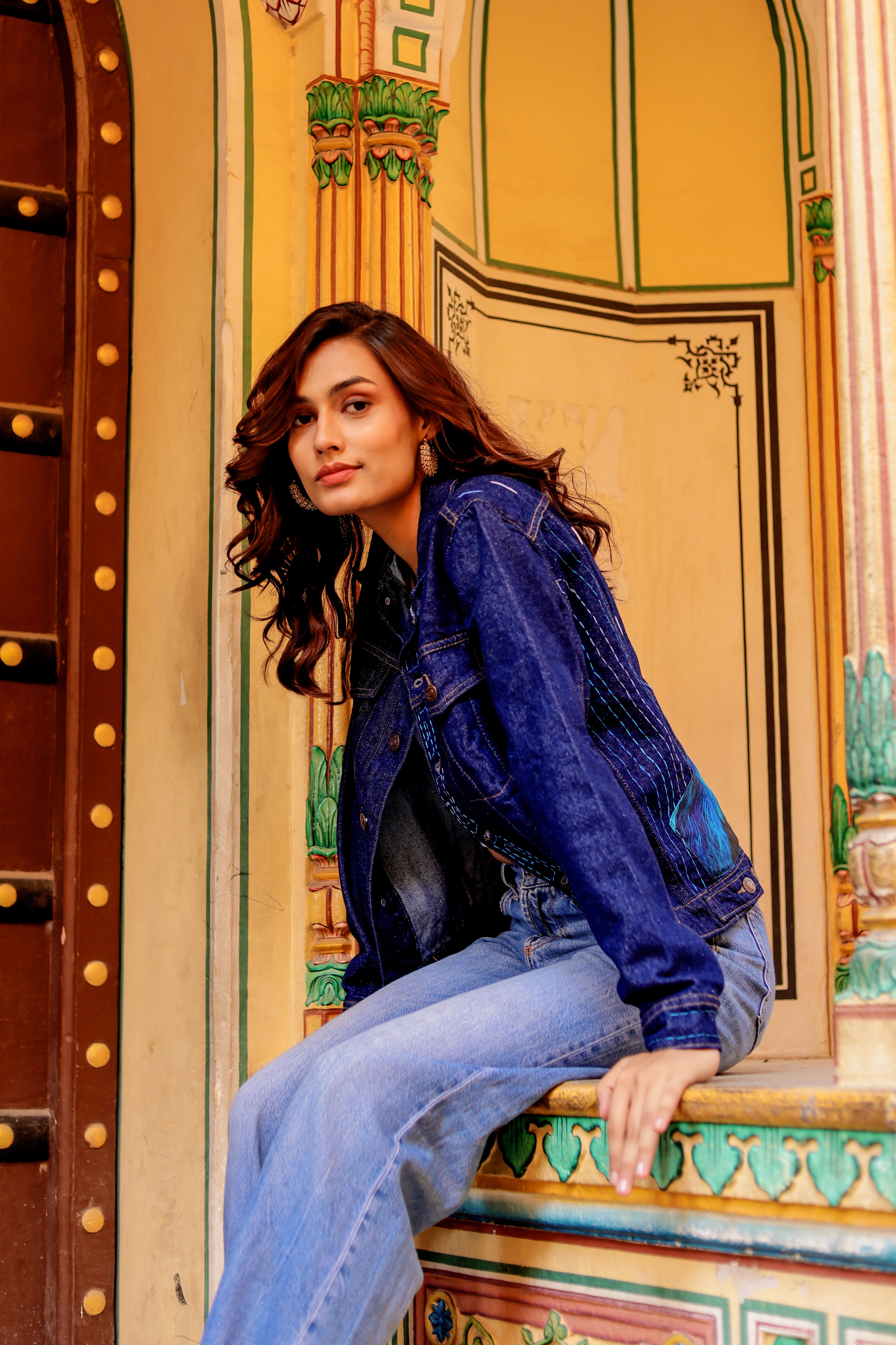 Rustic Glow Denim Jacket with Vibrant Indian Patterns