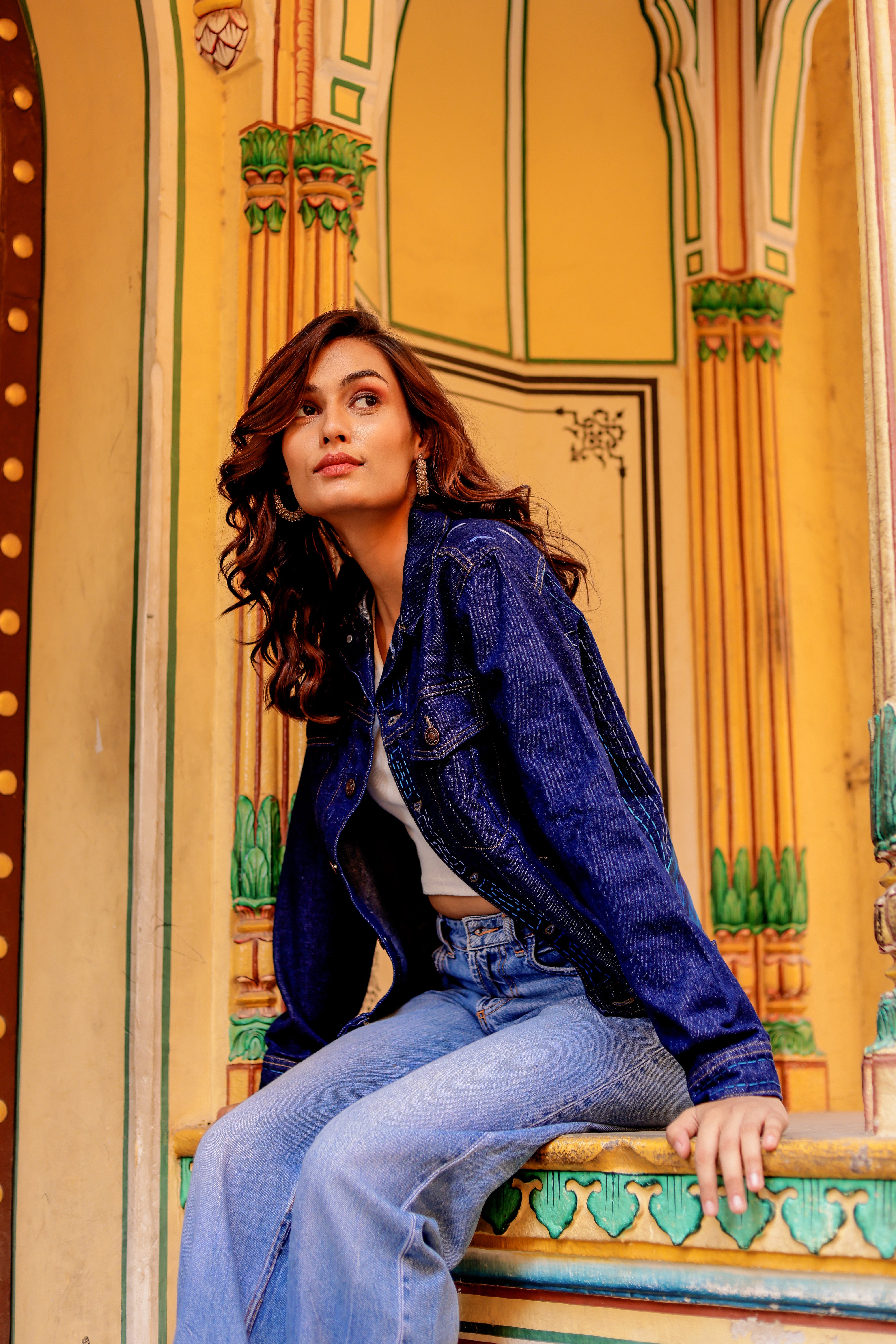 Rustic Glow Denim Jacket with Vibrant Indian Patterns