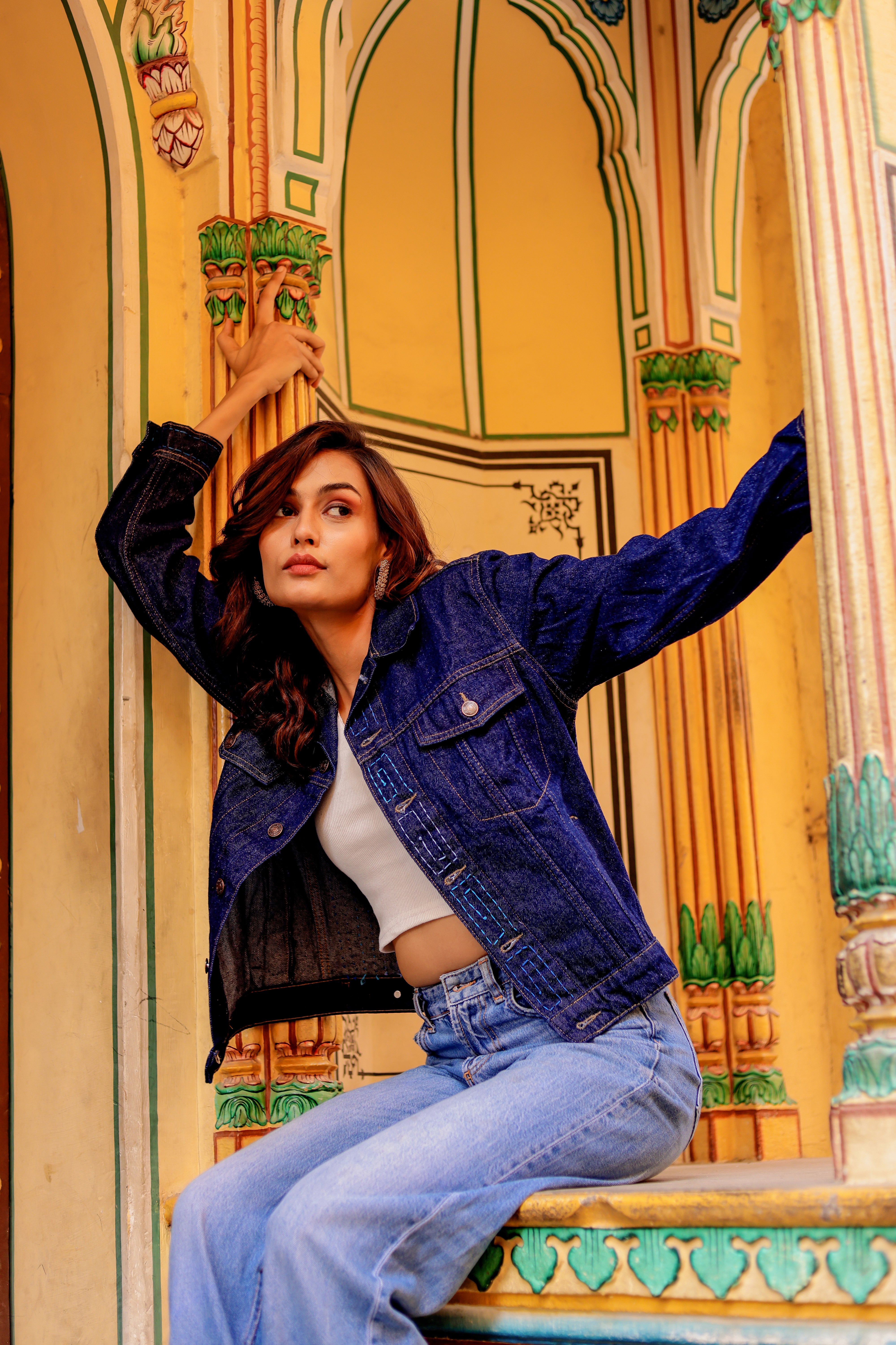 Rustic Glow Denim Jacket with Vibrant Indian Patterns