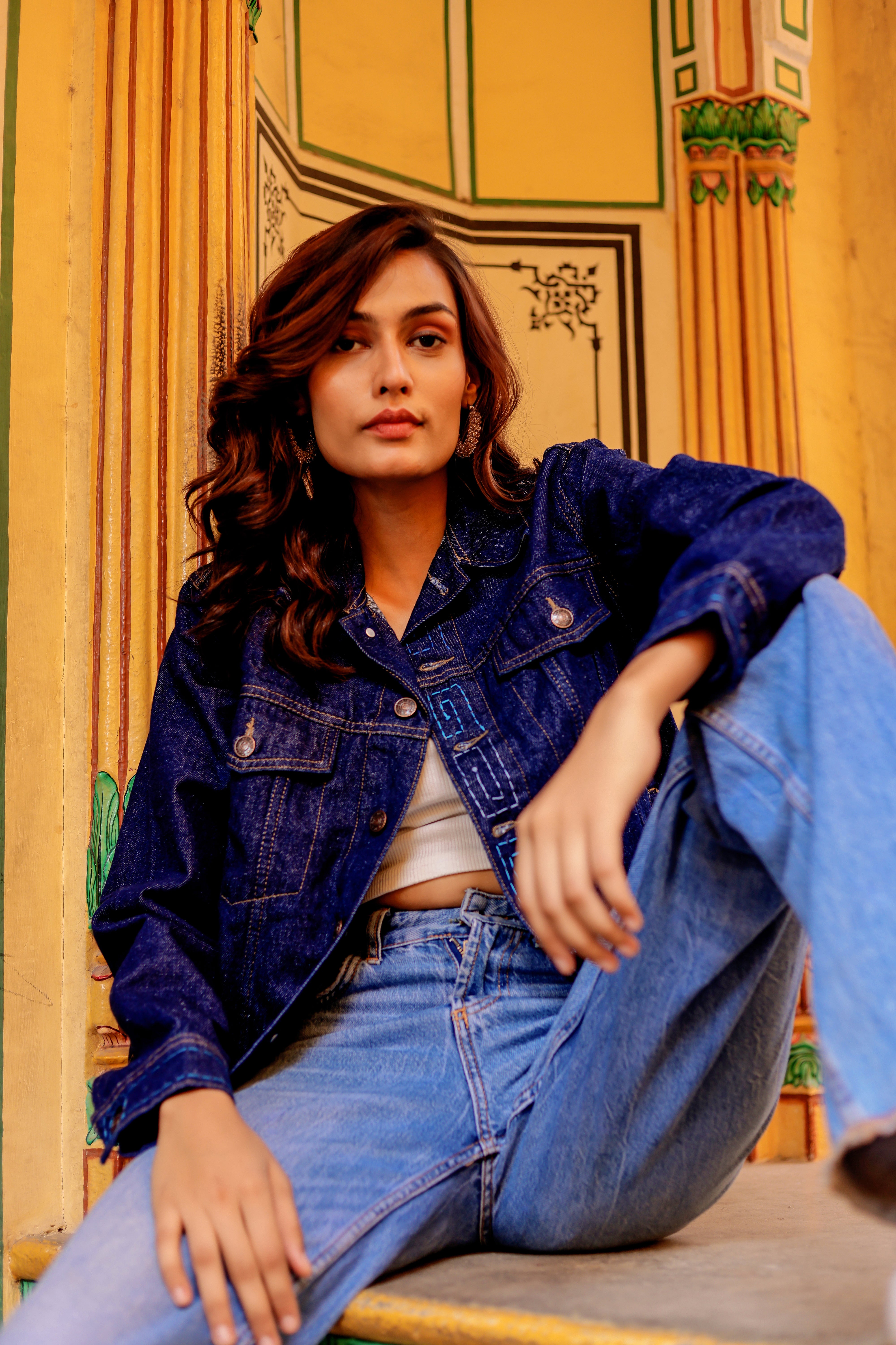 Rustic Glow Denim Jacket with Vibrant Indian Patterns