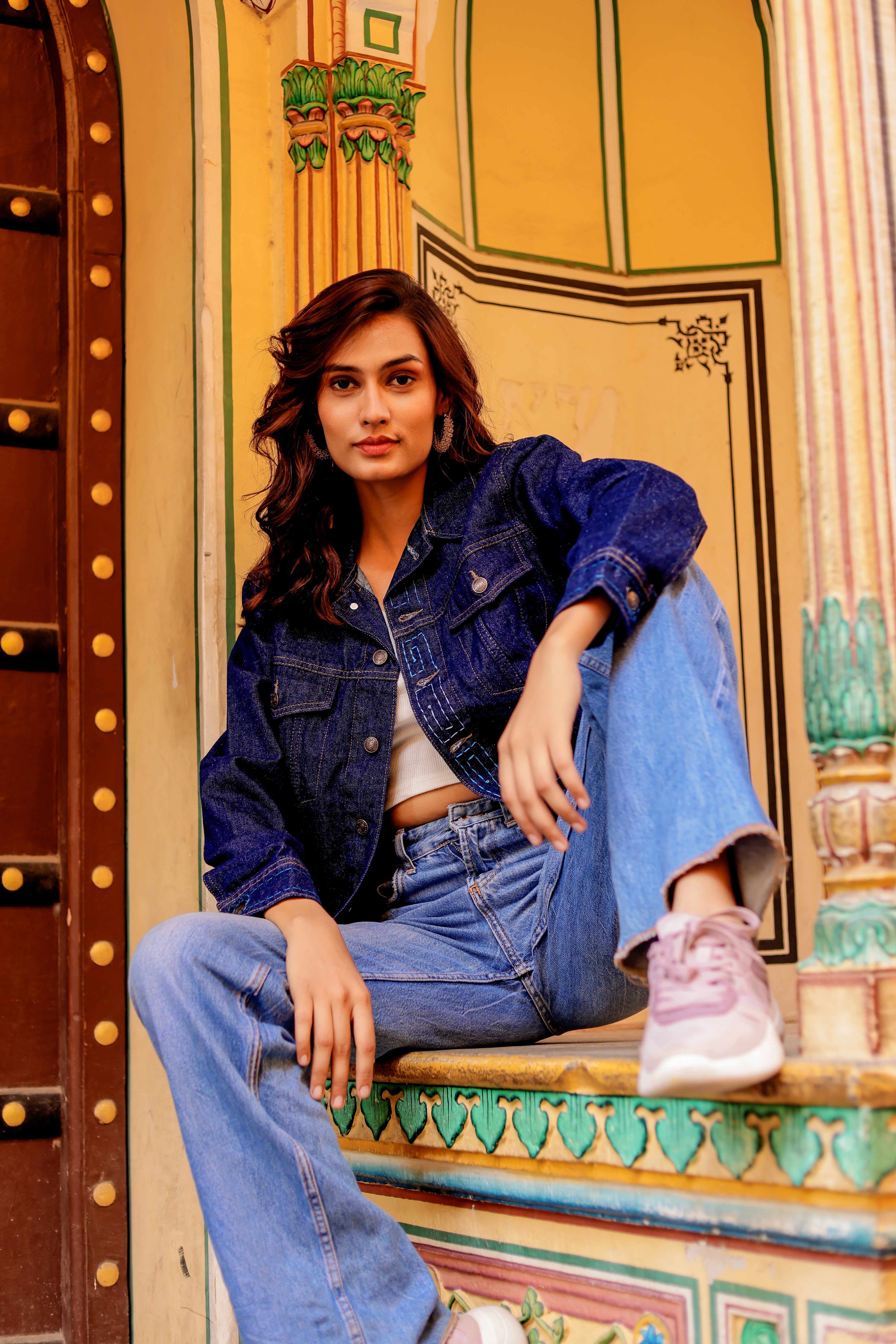 Rustic Glow Denim Jacket with Vibrant Indian Patterns