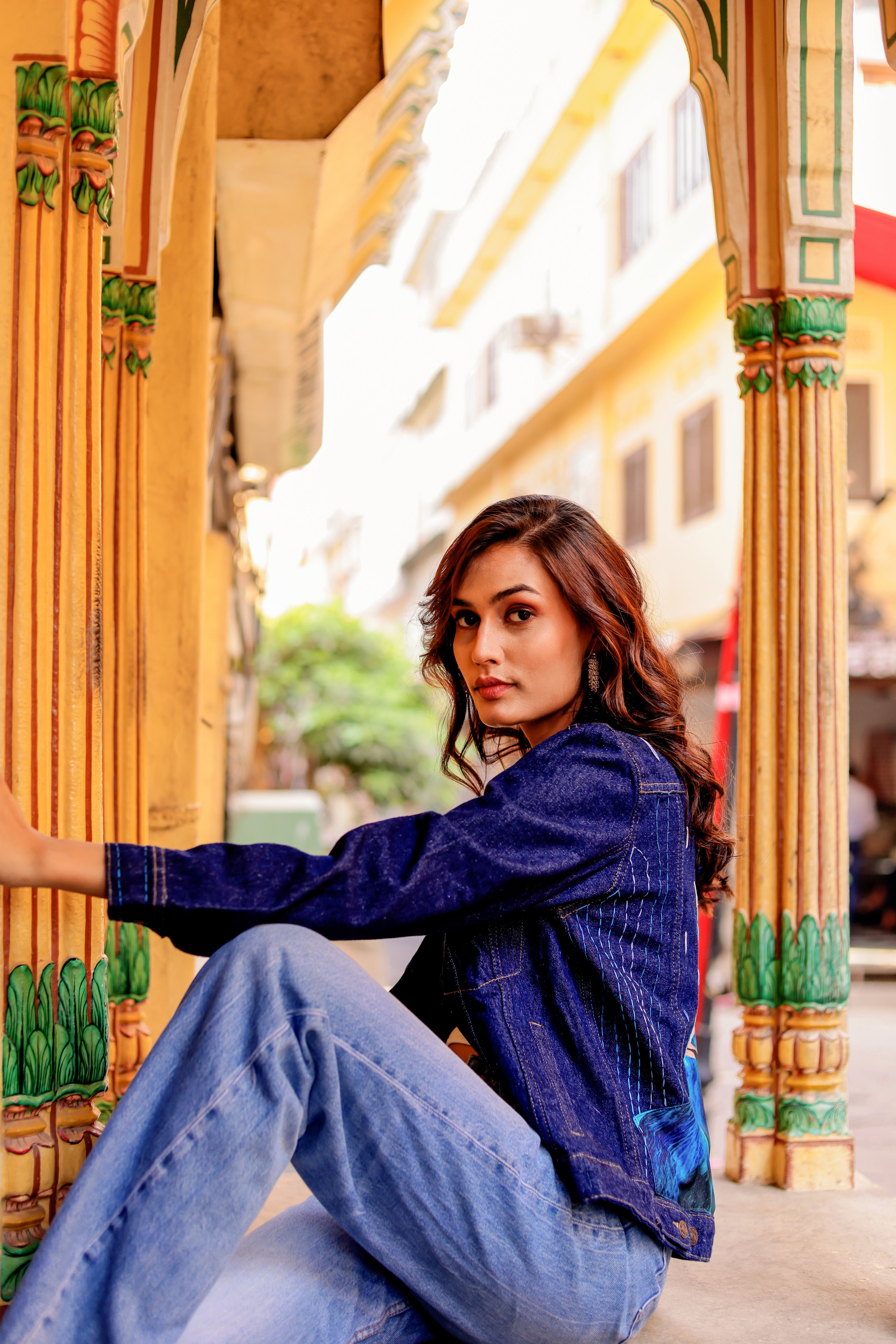 Rustic Glow Denim Jacket with Vibrant Indian Patterns