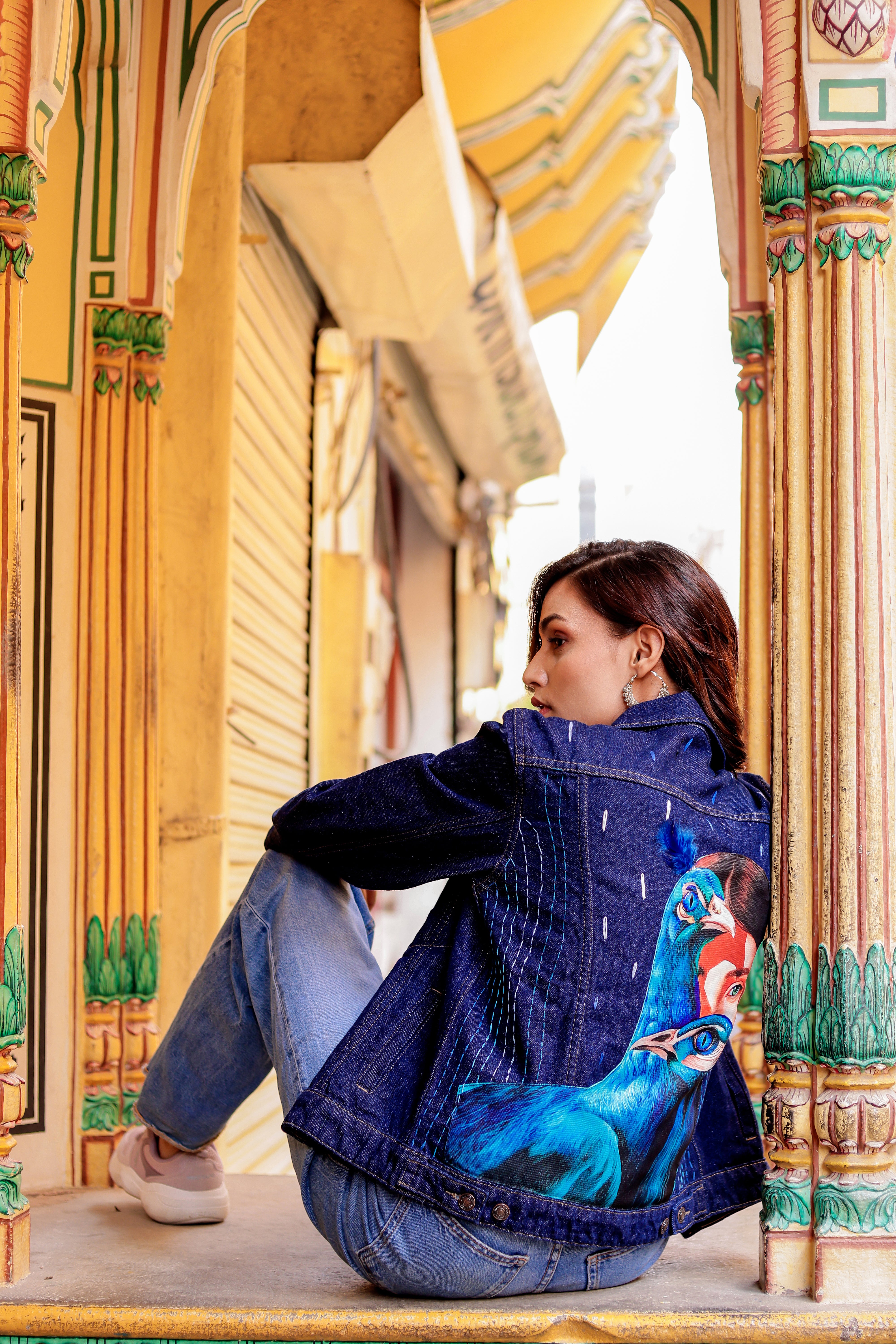 Rustic Glow Denim Jacket with Vibrant Indian Patterns
