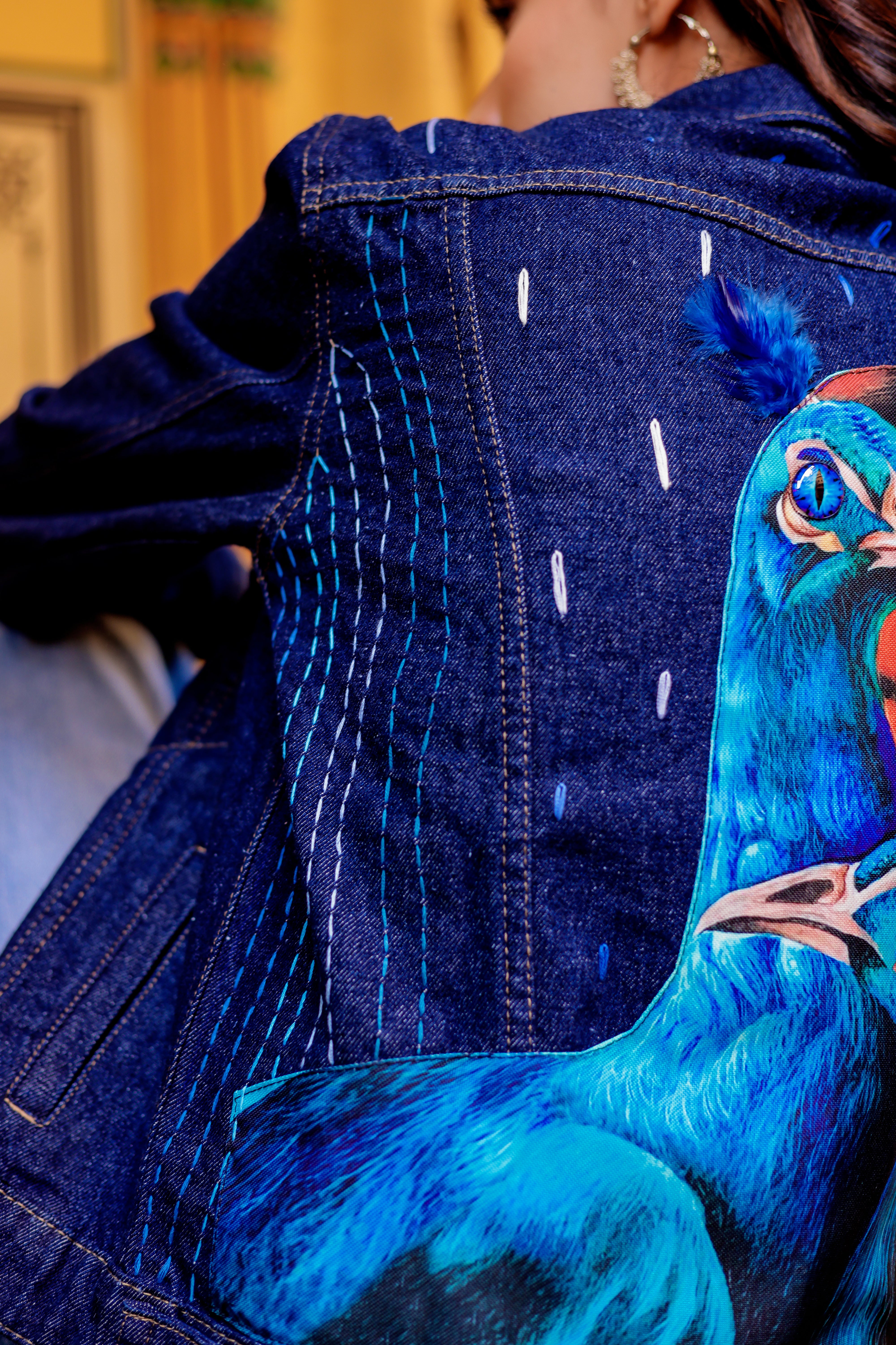 Rustic Glow Denim Jacket with Vibrant Indian Patterns