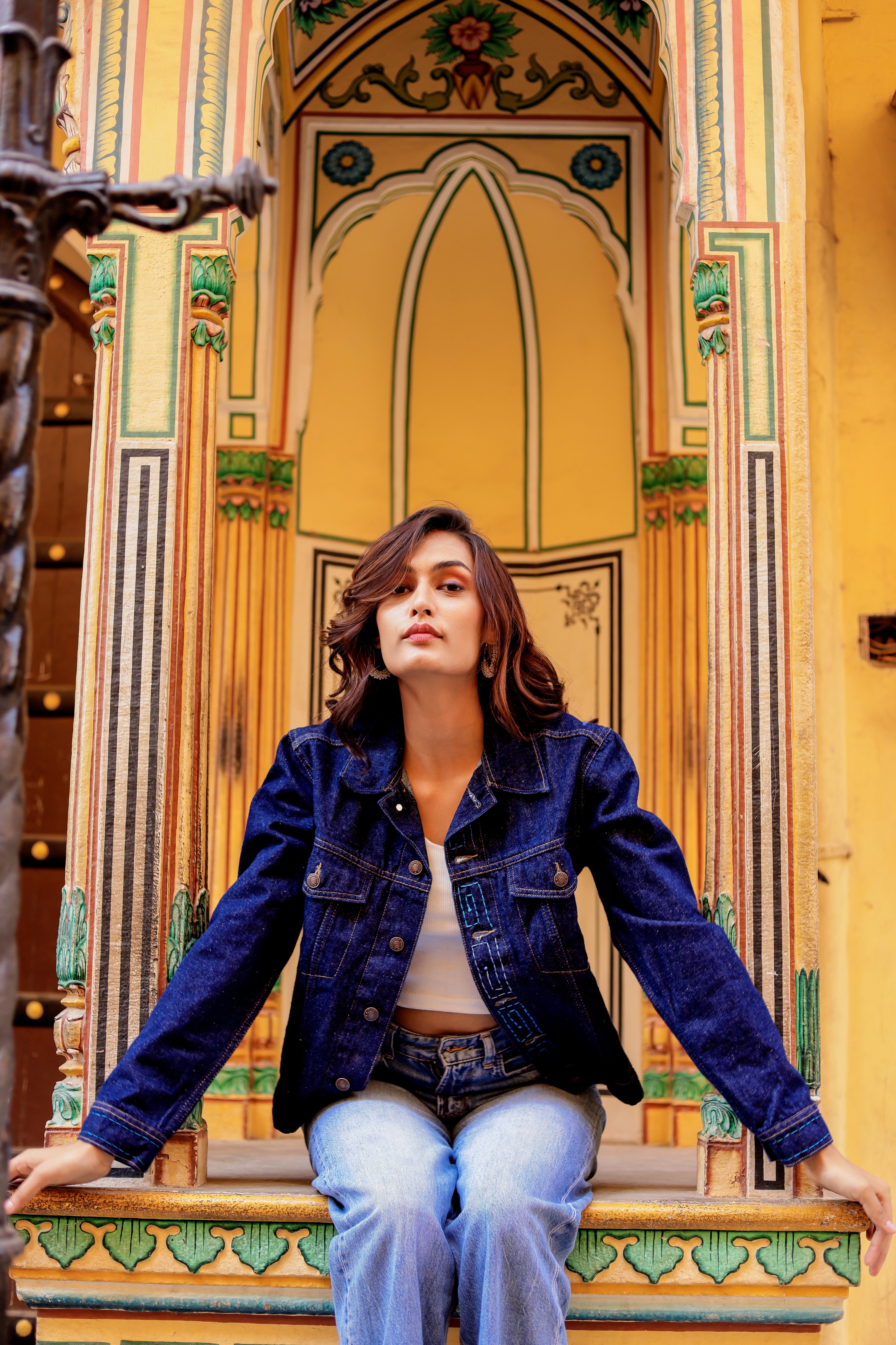 Rustic Glow Denim Jacket with Vibrant Indian Patterns