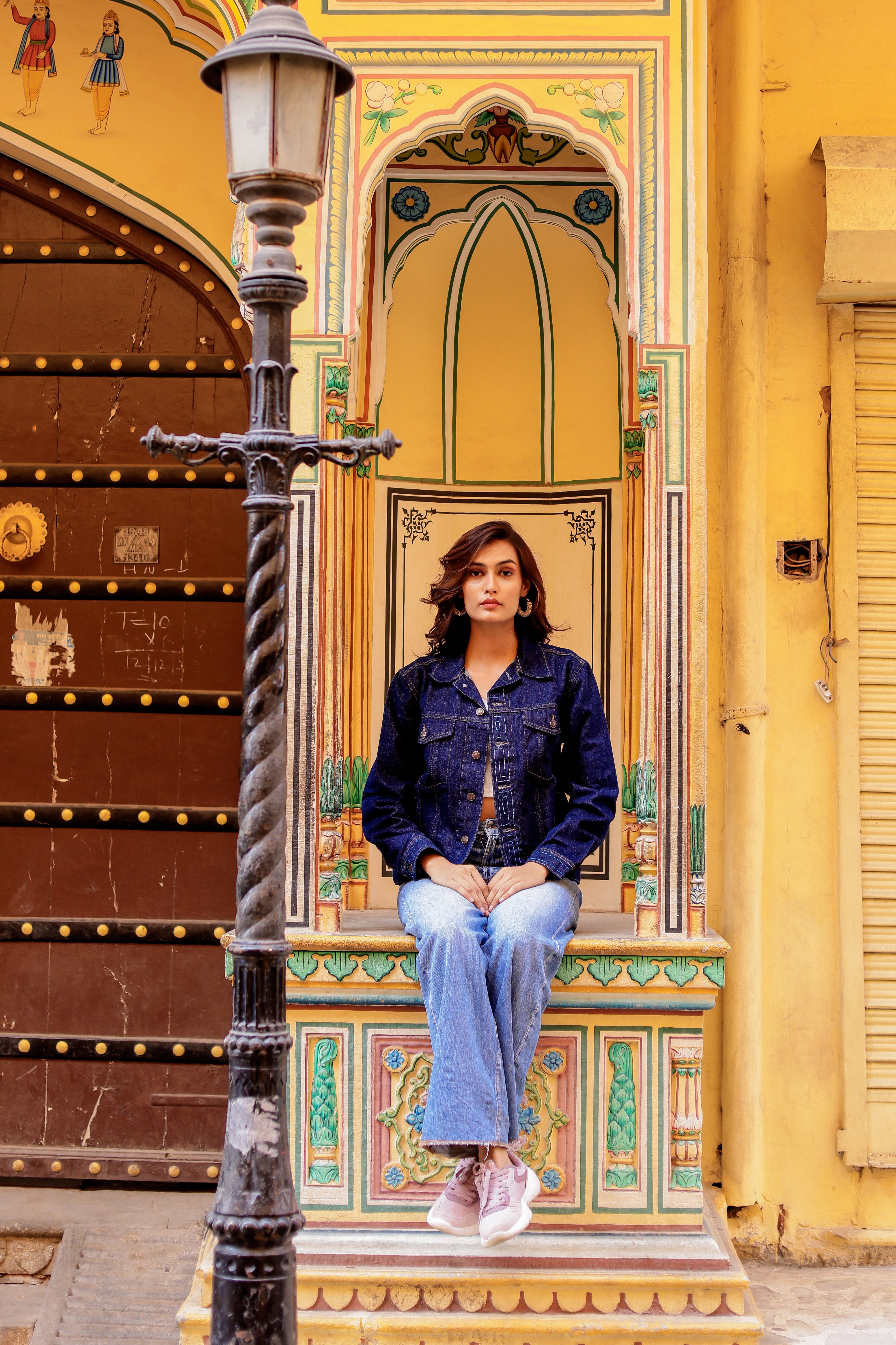 Rustic Glow Denim Jacket with Vibrant Indian Patterns