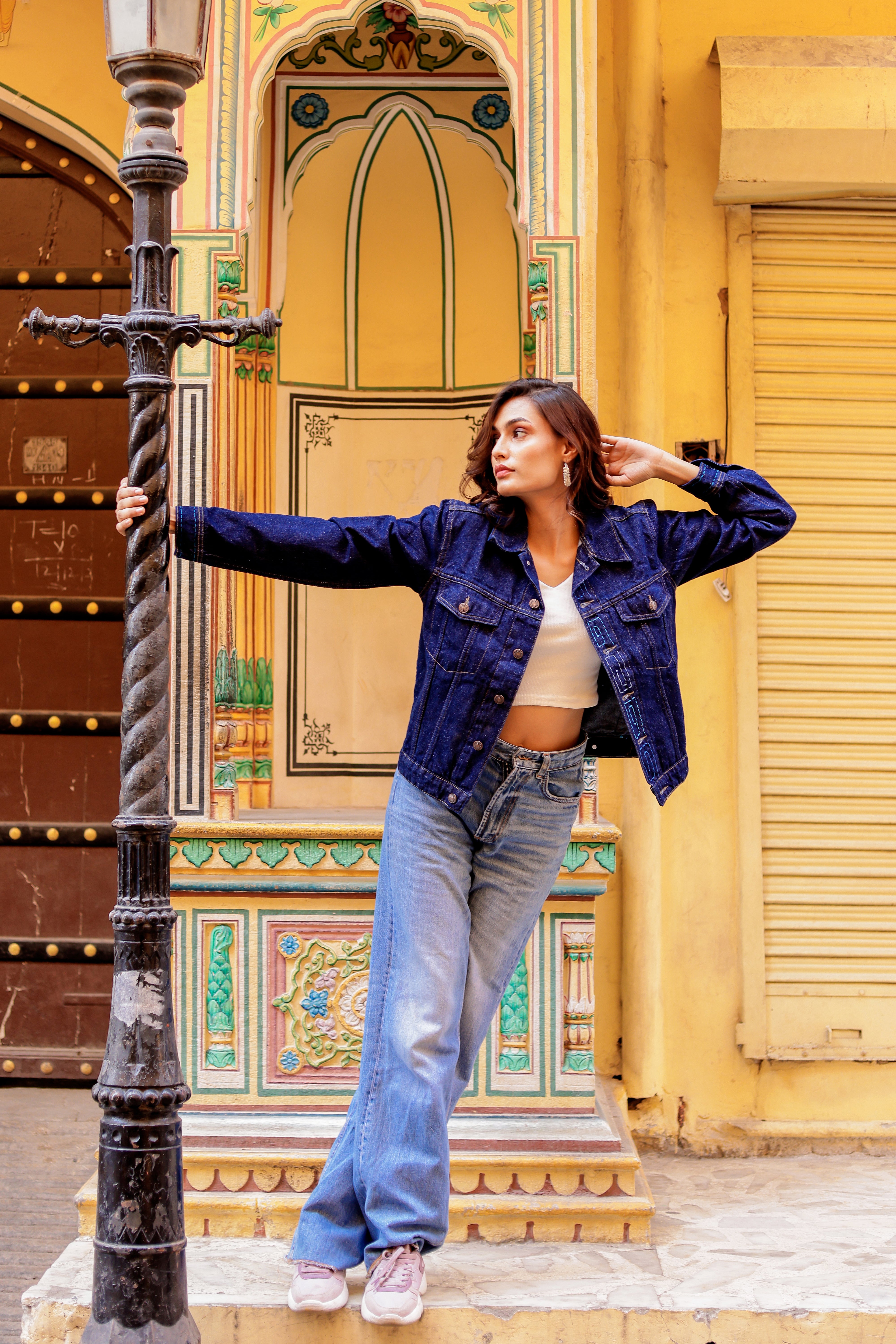 Rustic Glow Denim Jacket with Vibrant Indian Patterns