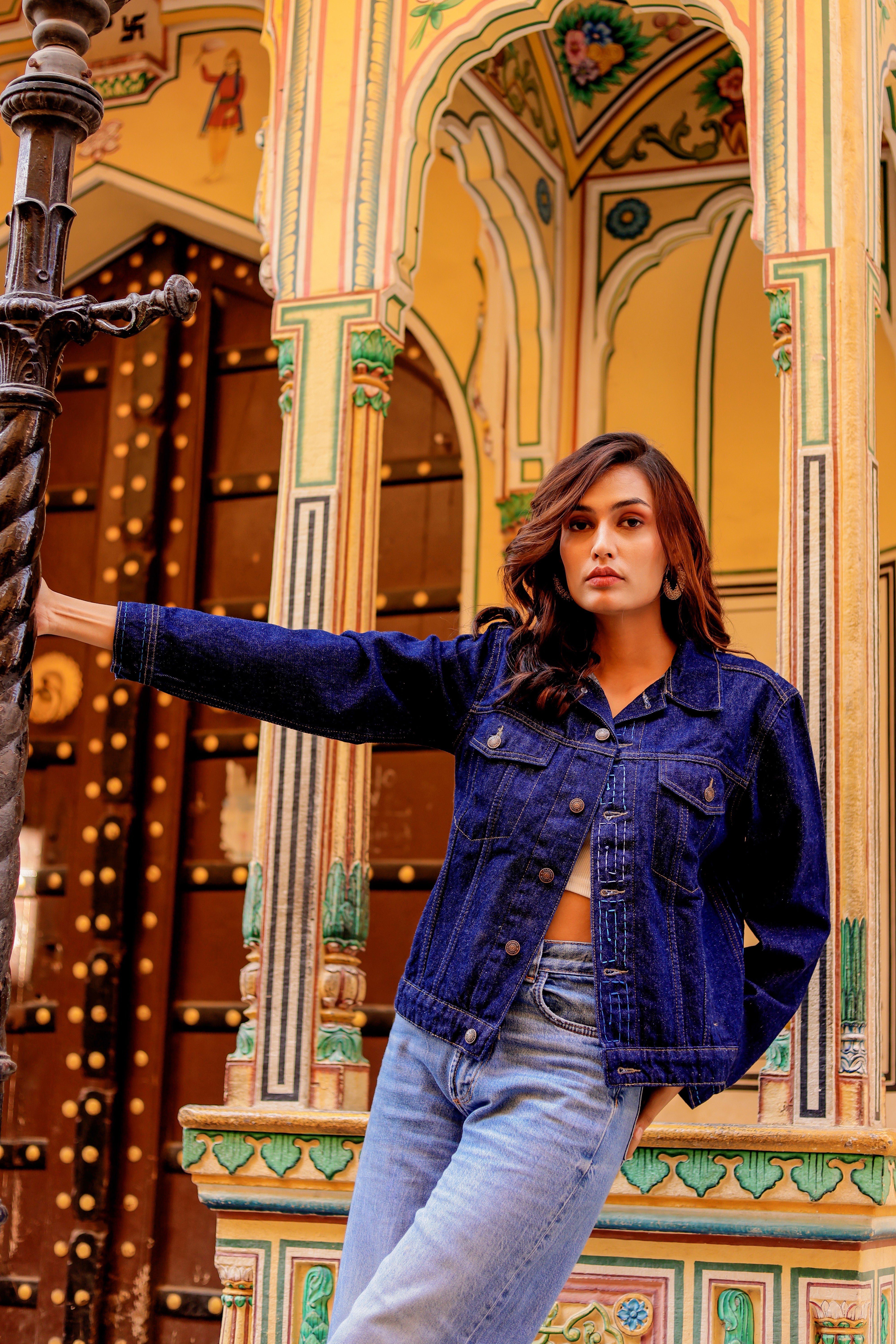Rustic Glow Denim Jacket with Vibrant Indian Patterns