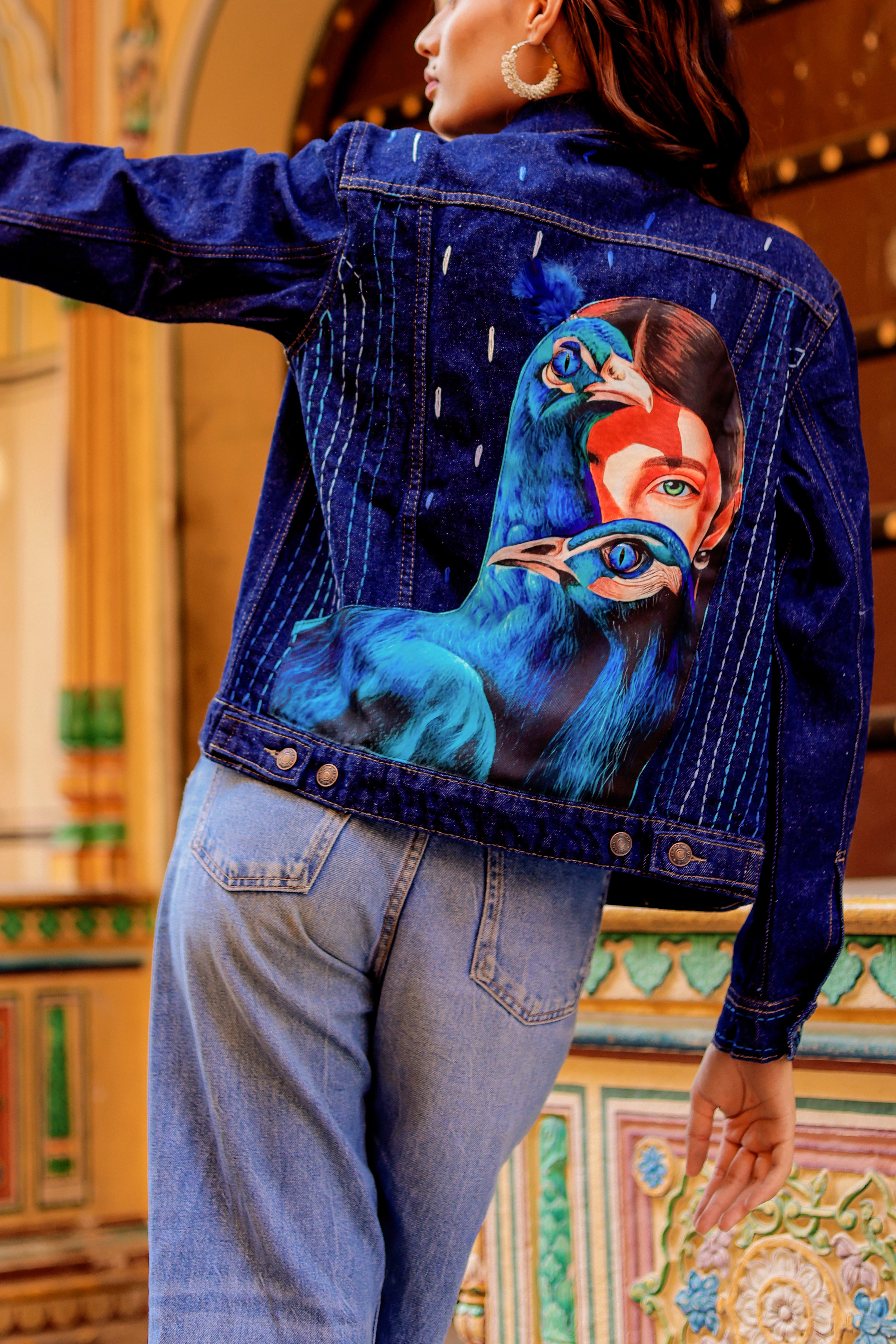 Rustic Glow Denim Jacket with Vibrant Indian Patterns