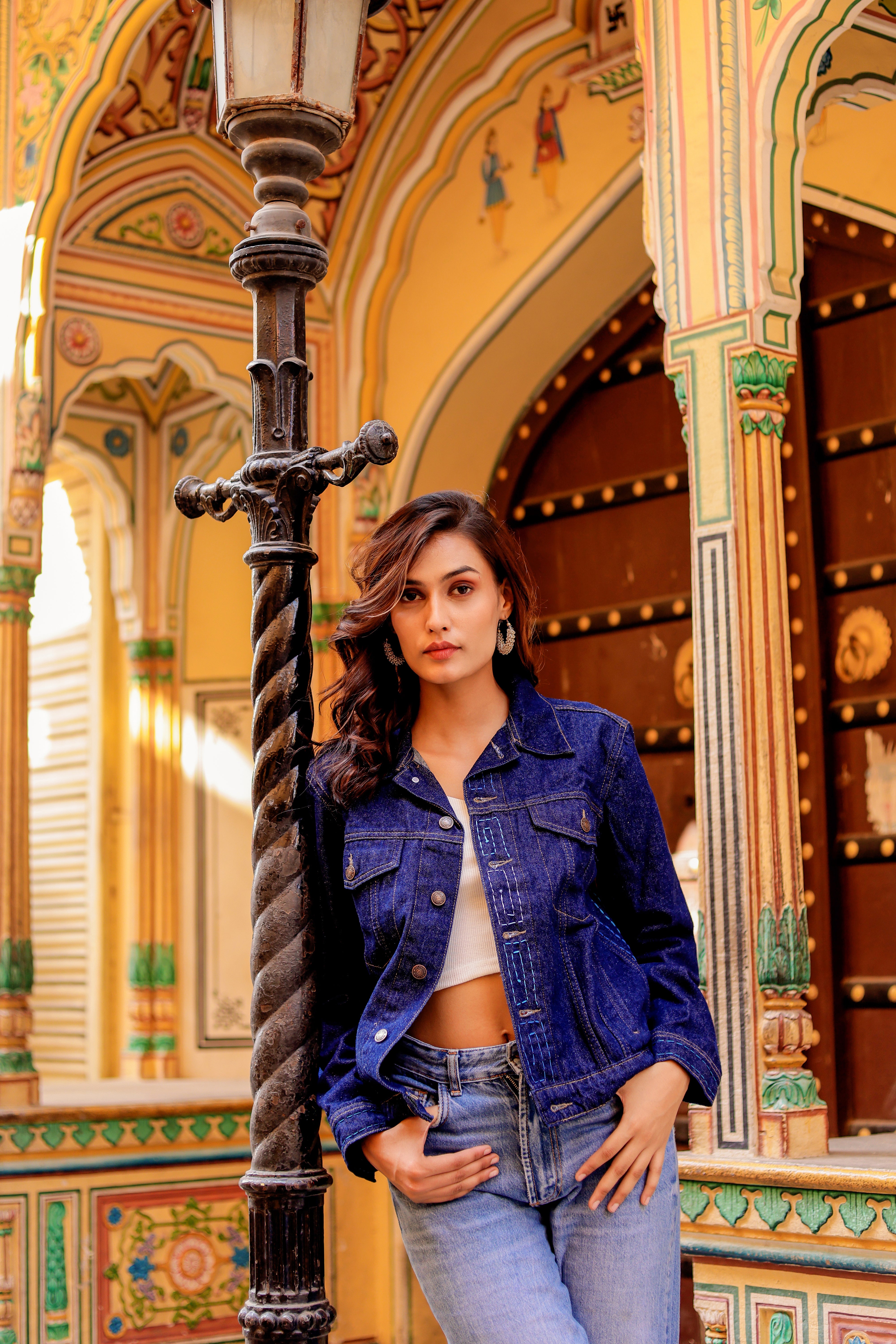 Rustic Glow Denim Jacket with Vibrant Indian Patterns