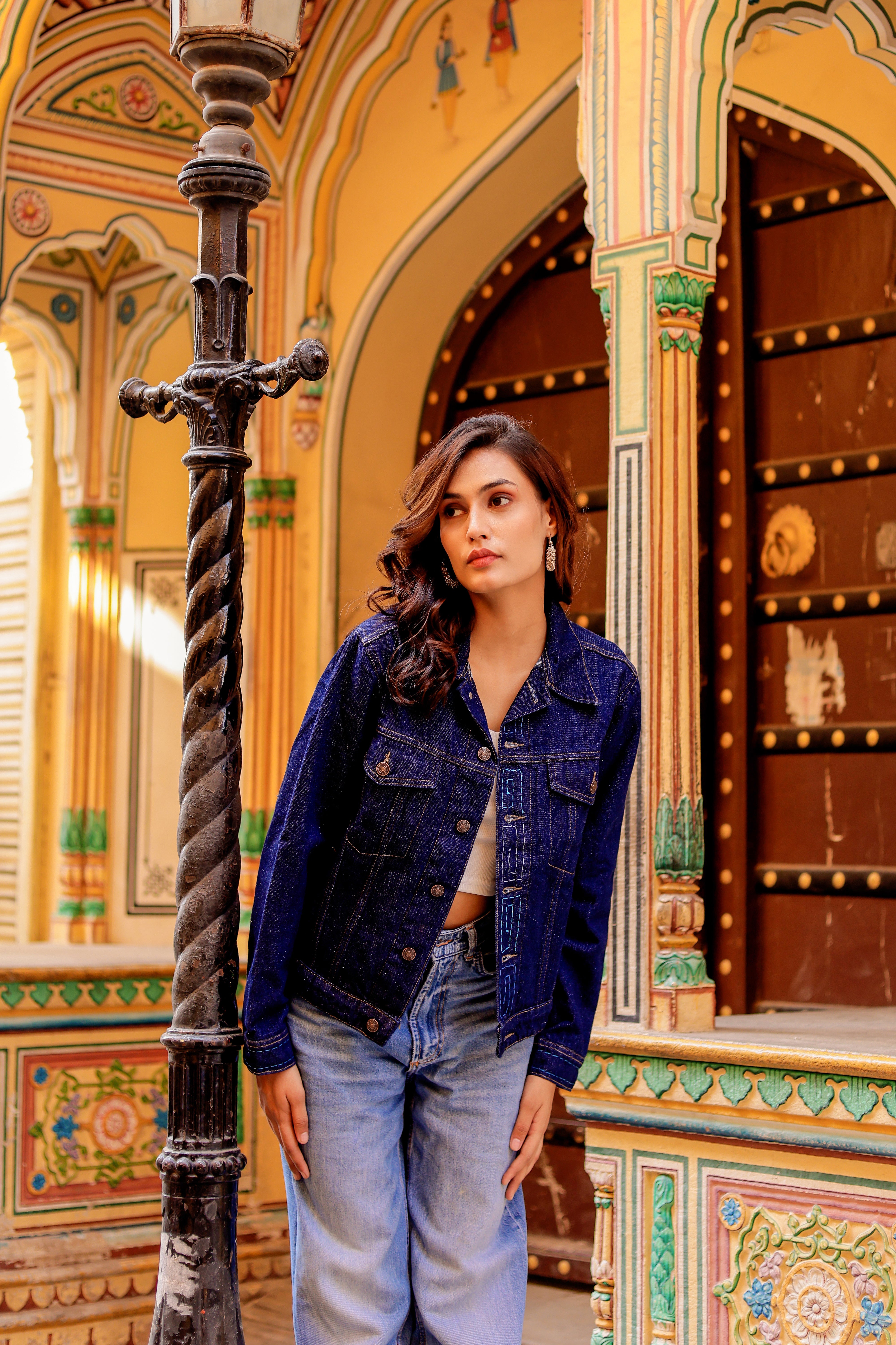 Rustic Glow Denim Jacket with Vibrant Indian Patterns