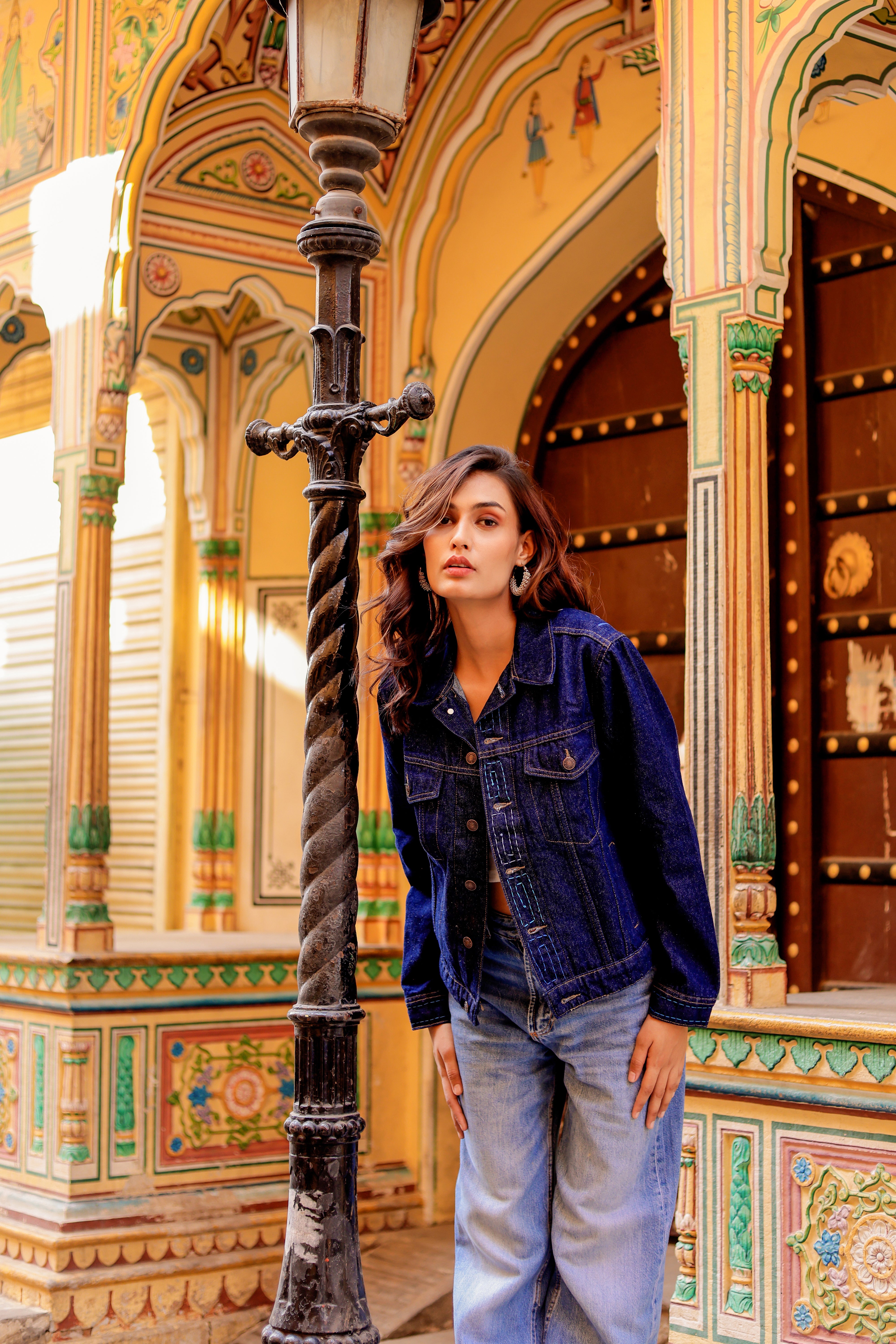 Rustic Glow Denim Jacket with Vibrant Indian Patterns