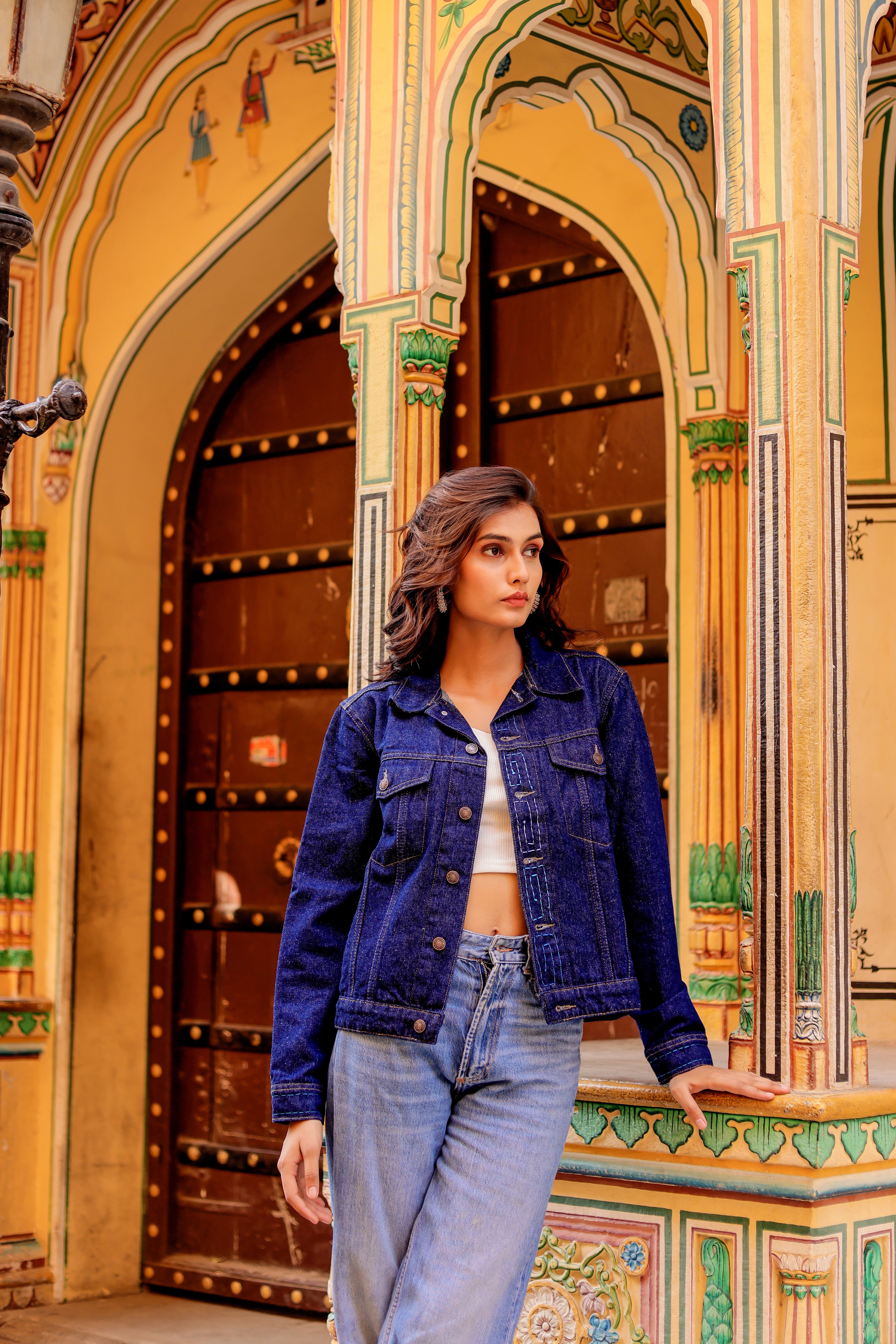 Rustic Glow Denim Jacket with Vibrant Indian Patterns