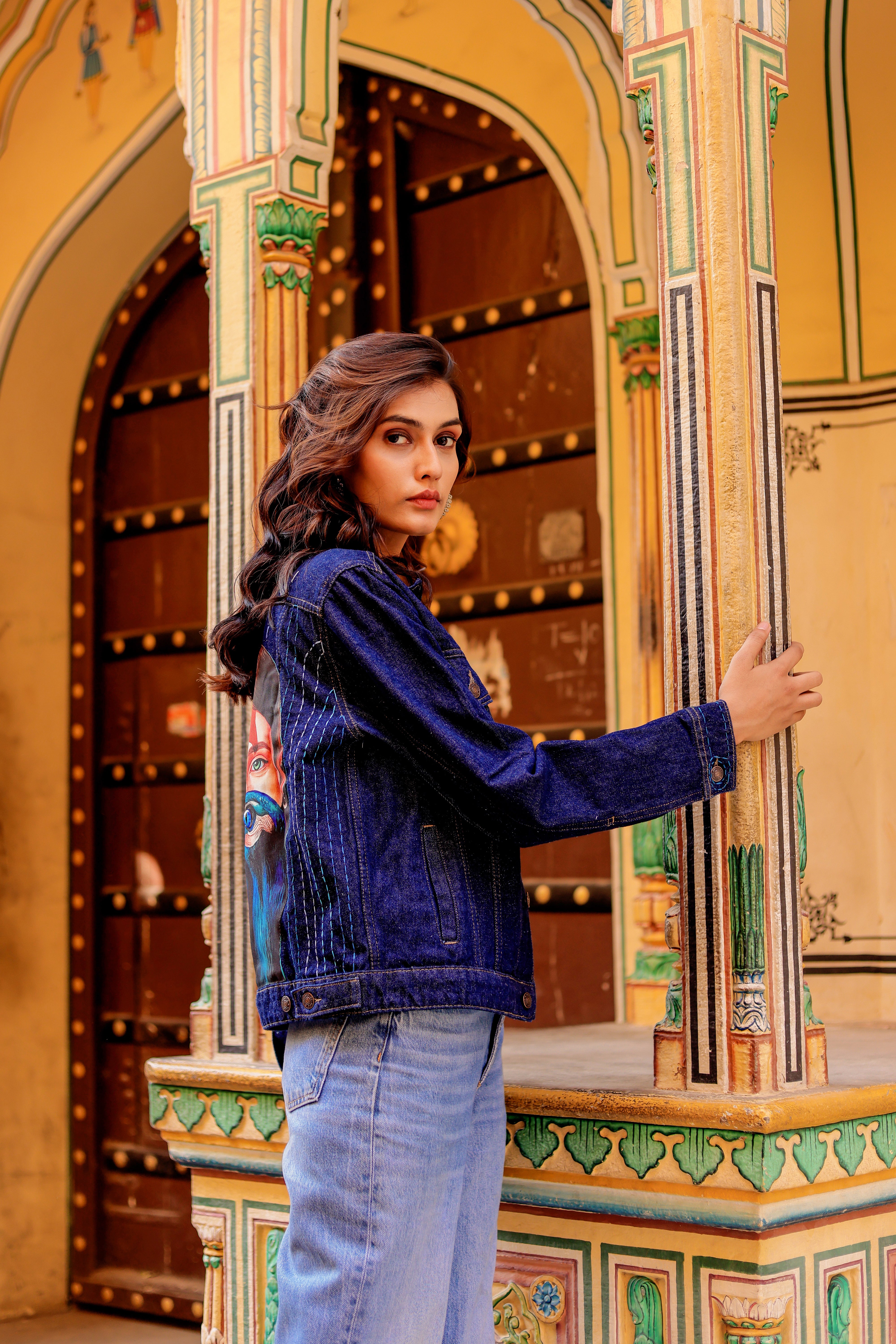 Rustic Glow Denim Jacket with Vibrant Indian Patterns