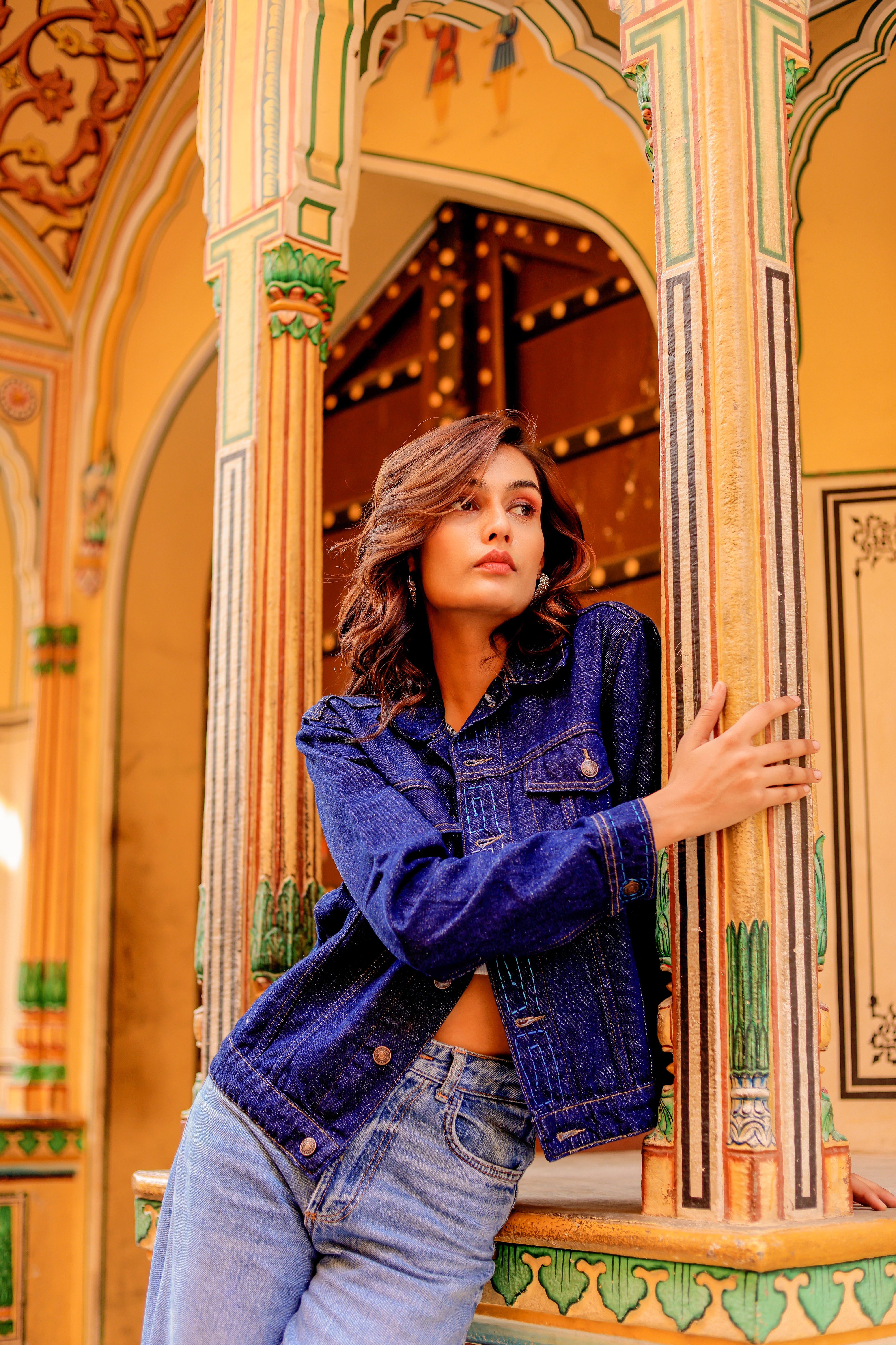 Rustic Glow Denim Jacket with Vibrant Indian Patterns