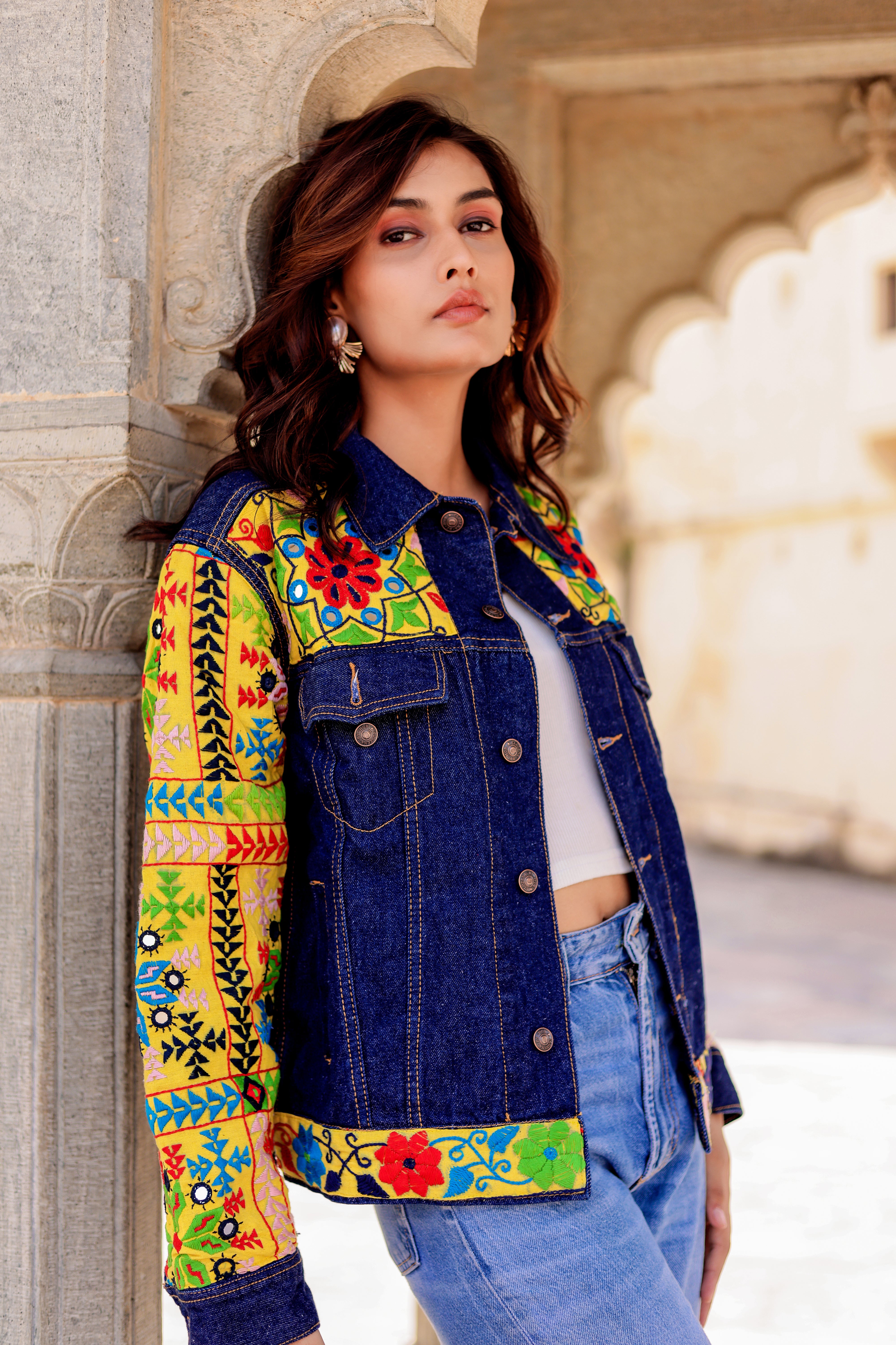 Cultural Wave Denim Jacket with Intricate Handmade Work