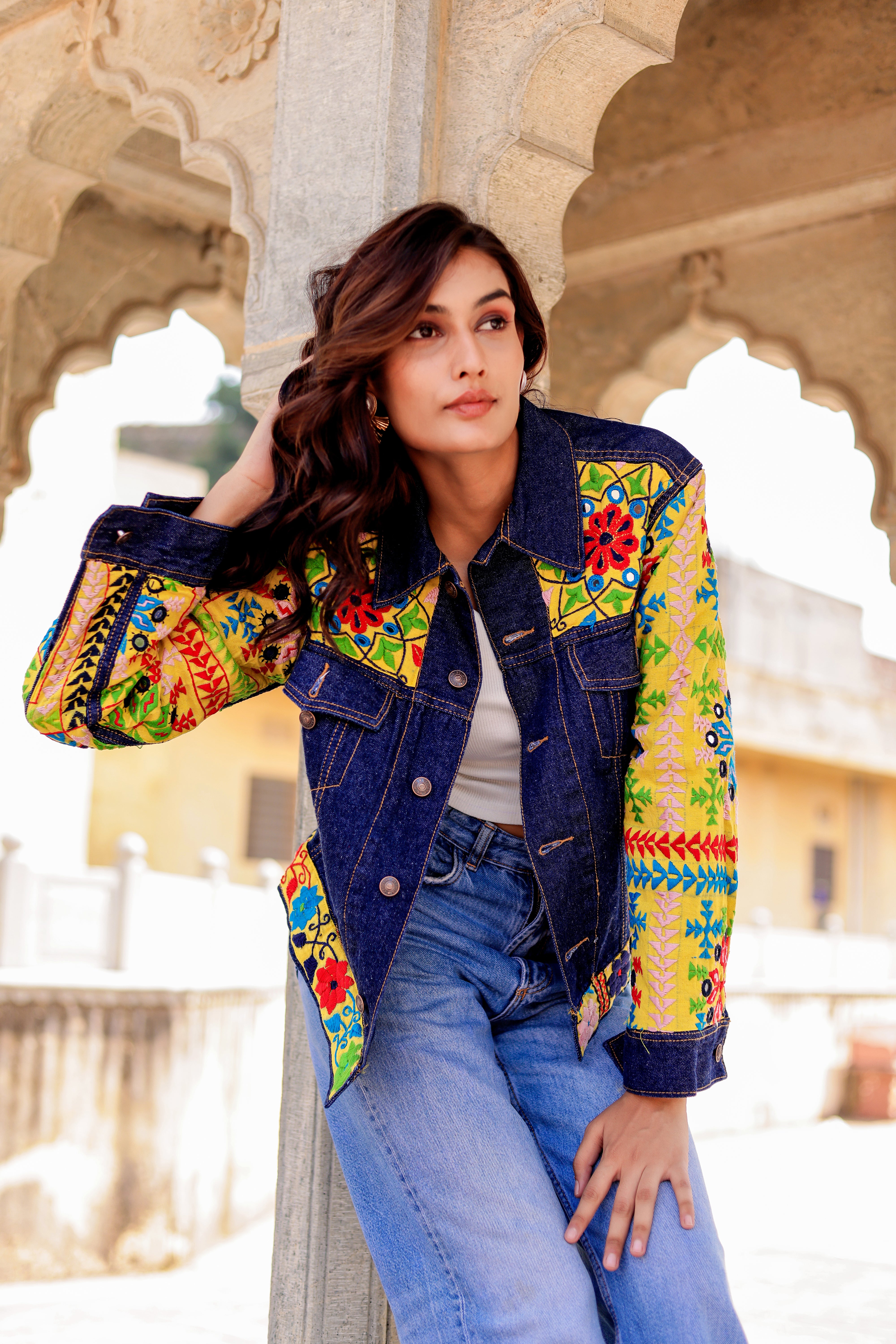 Cultural Wave Denim Jacket with Intricate Handmade Work