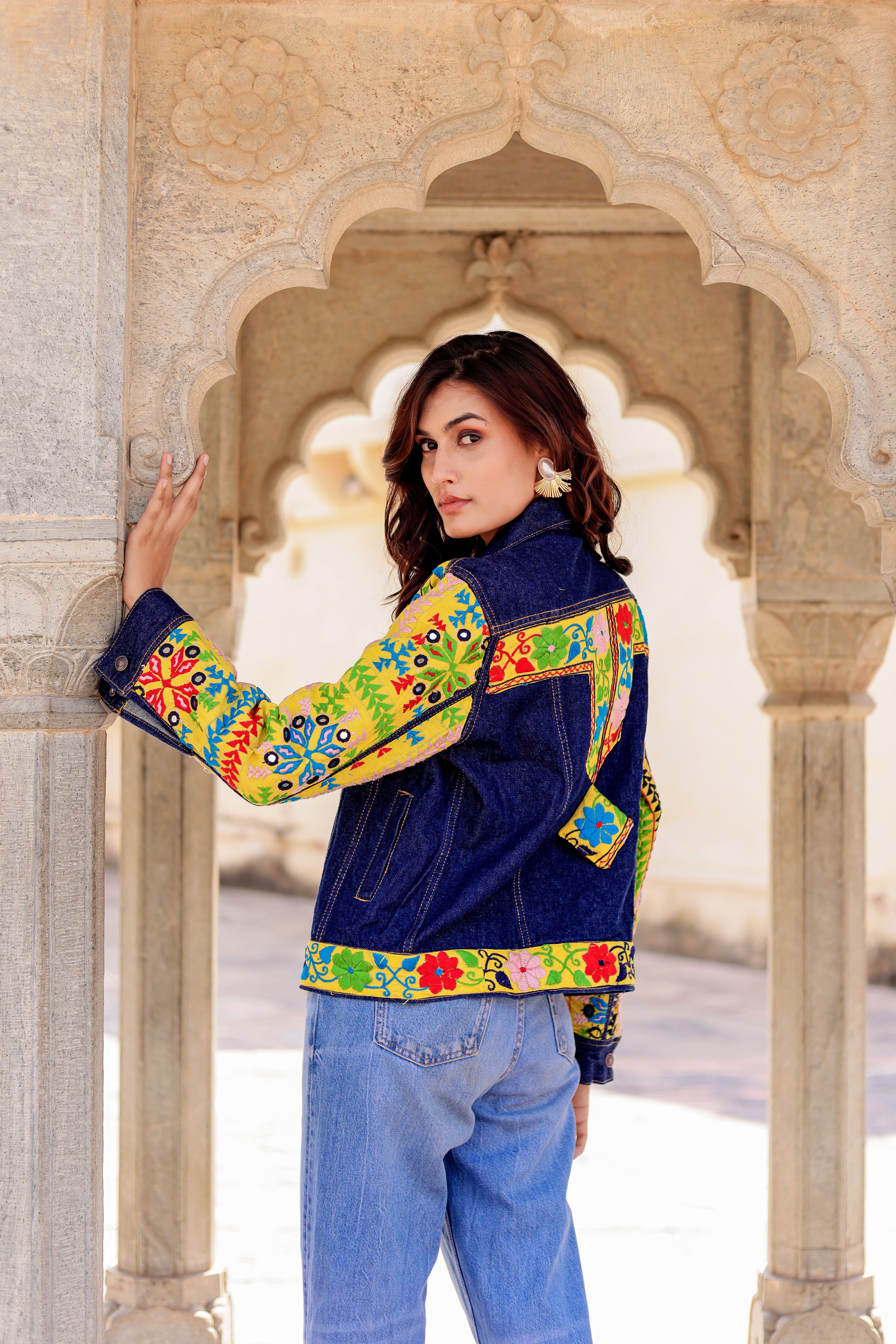 Cultural Wave Denim Jacket with Intricate Handmade Work