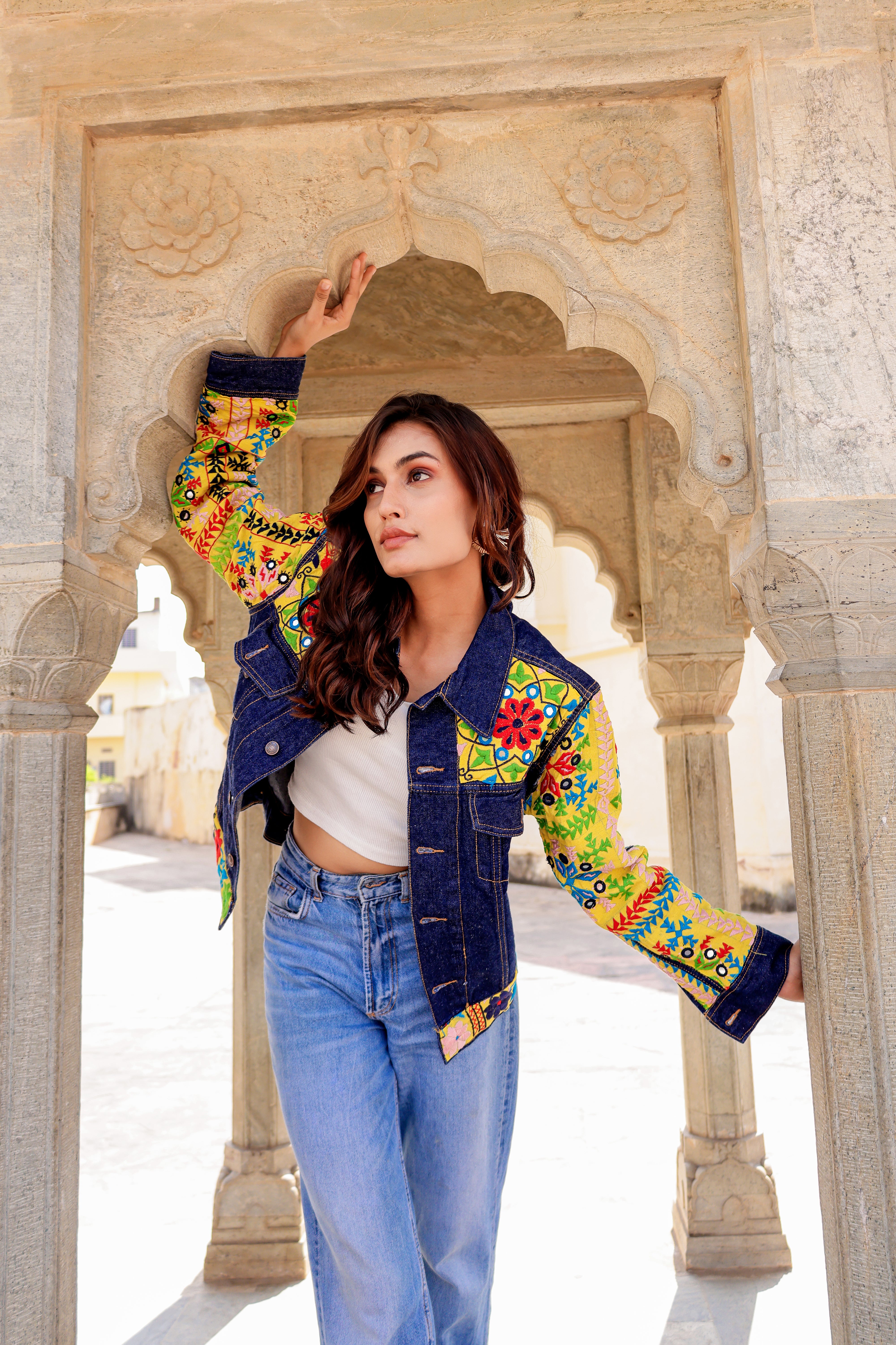 Cultural Wave Denim Jacket with Intricate Handmade Work