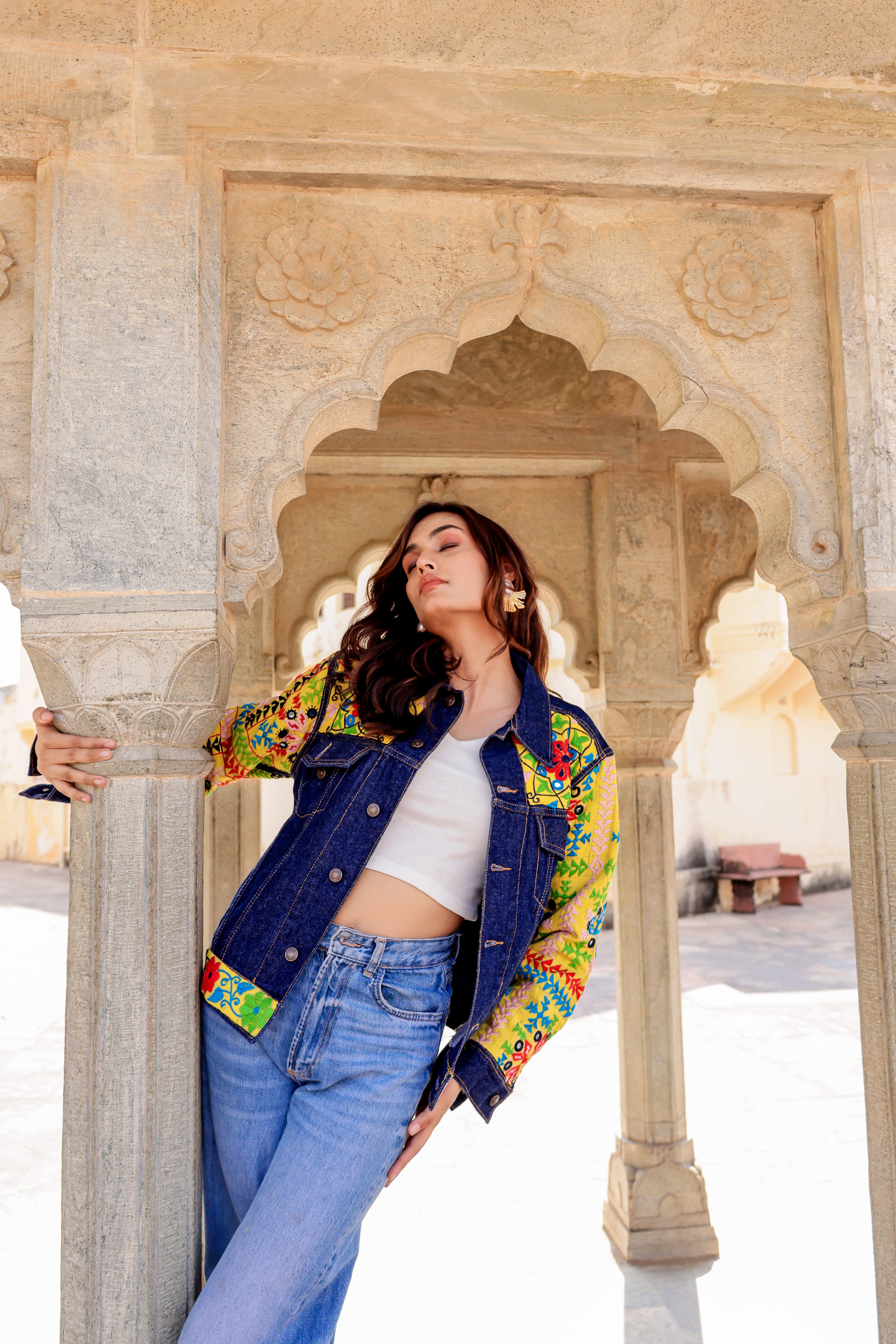 Cultural Wave Denim Jacket with Intricate Handmade Work