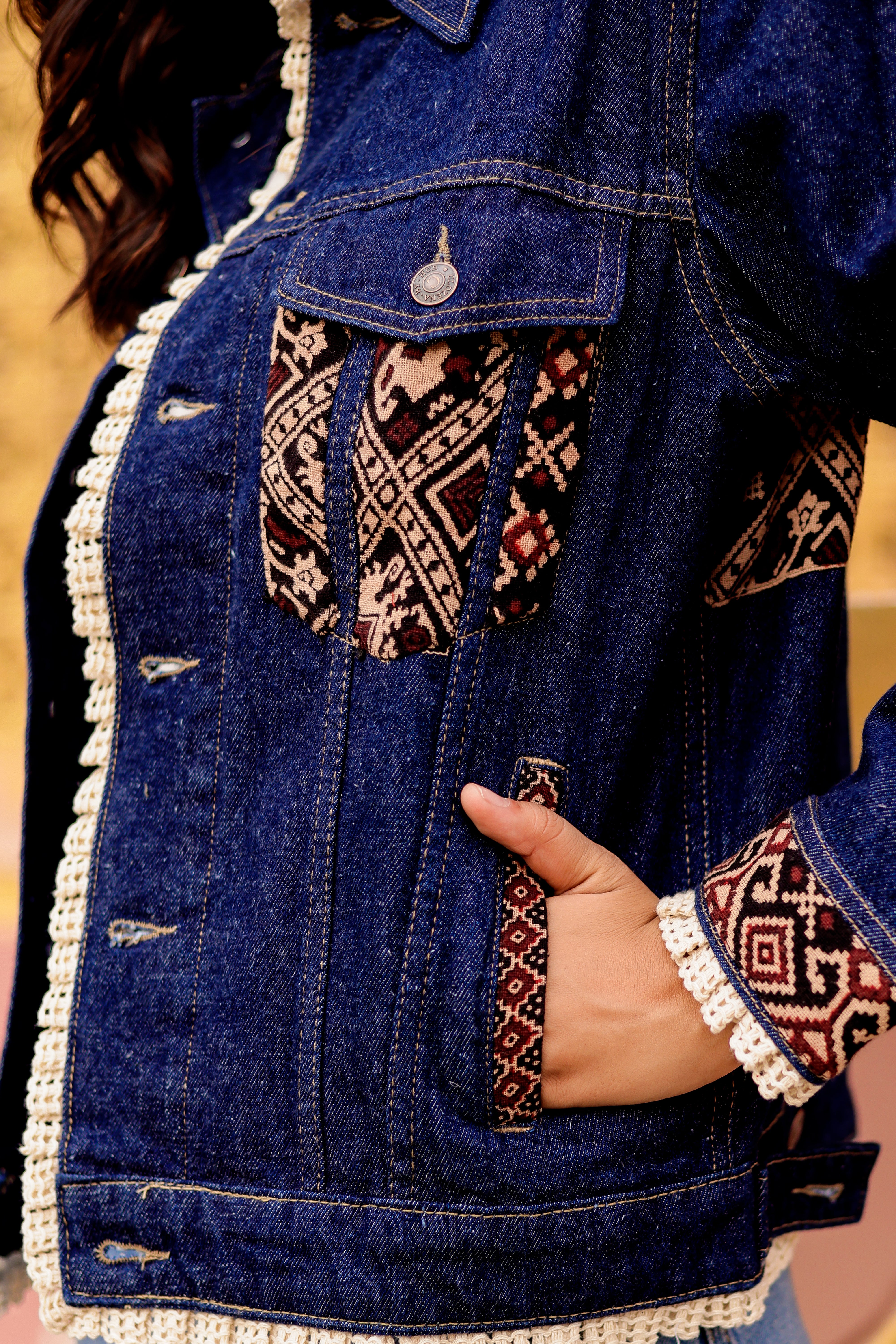 Boho Spirit Jacket: Fusion of Denim and Indian Art