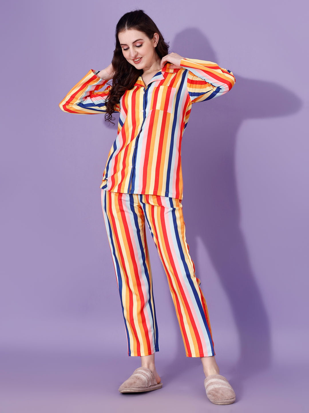 (BOGO) True Color Stripes Printed Nightsuit For Women With Free Scrunchies