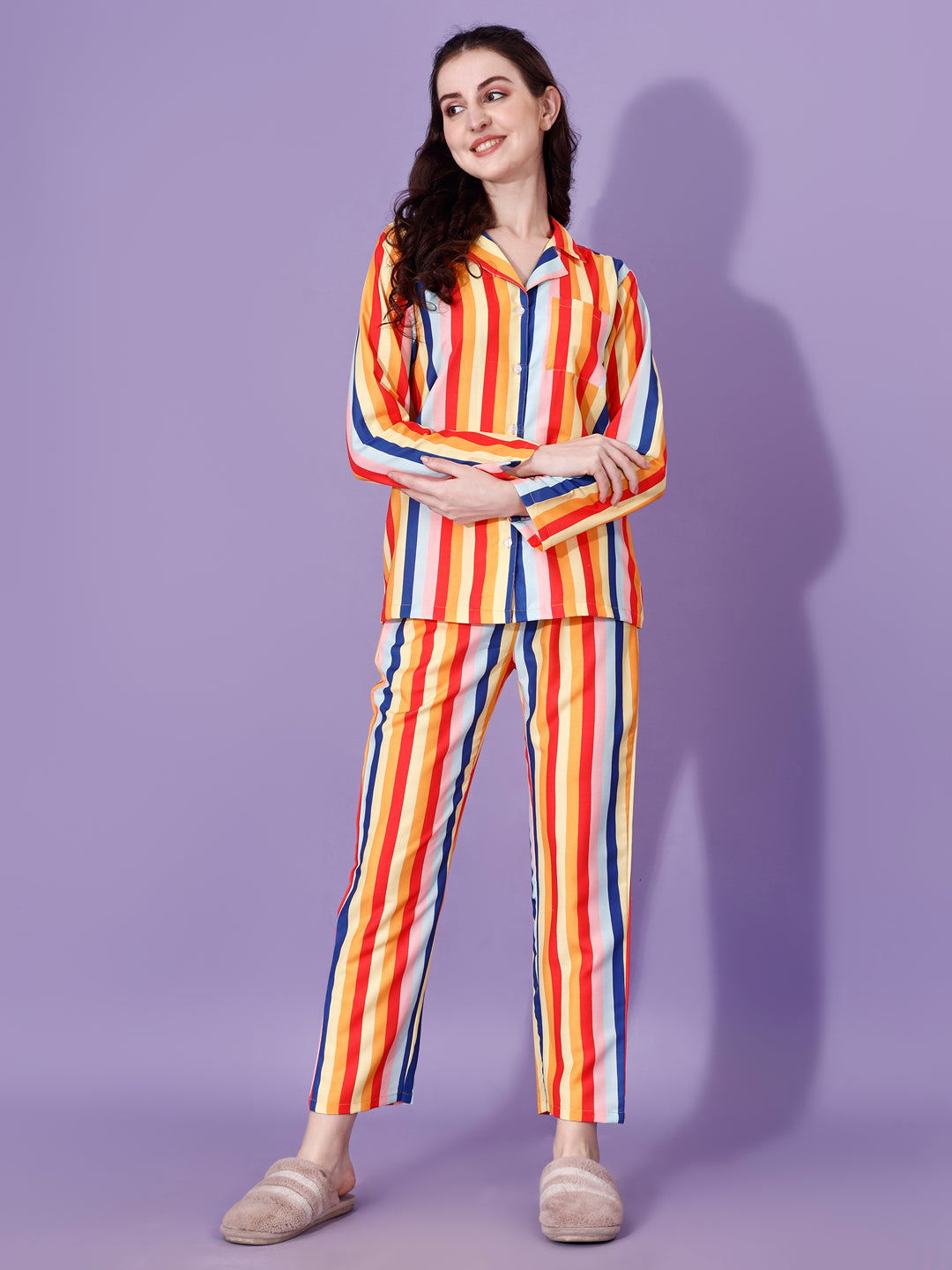 (BOGO) True Color Stripes Printed Nightsuit For Women With Free Scrunchies