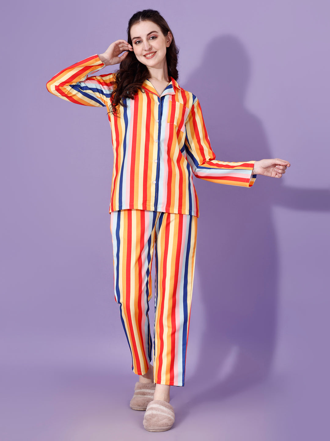 (BOGO) True Color Stripes Printed Nightsuit For Women With Free Scrunchies