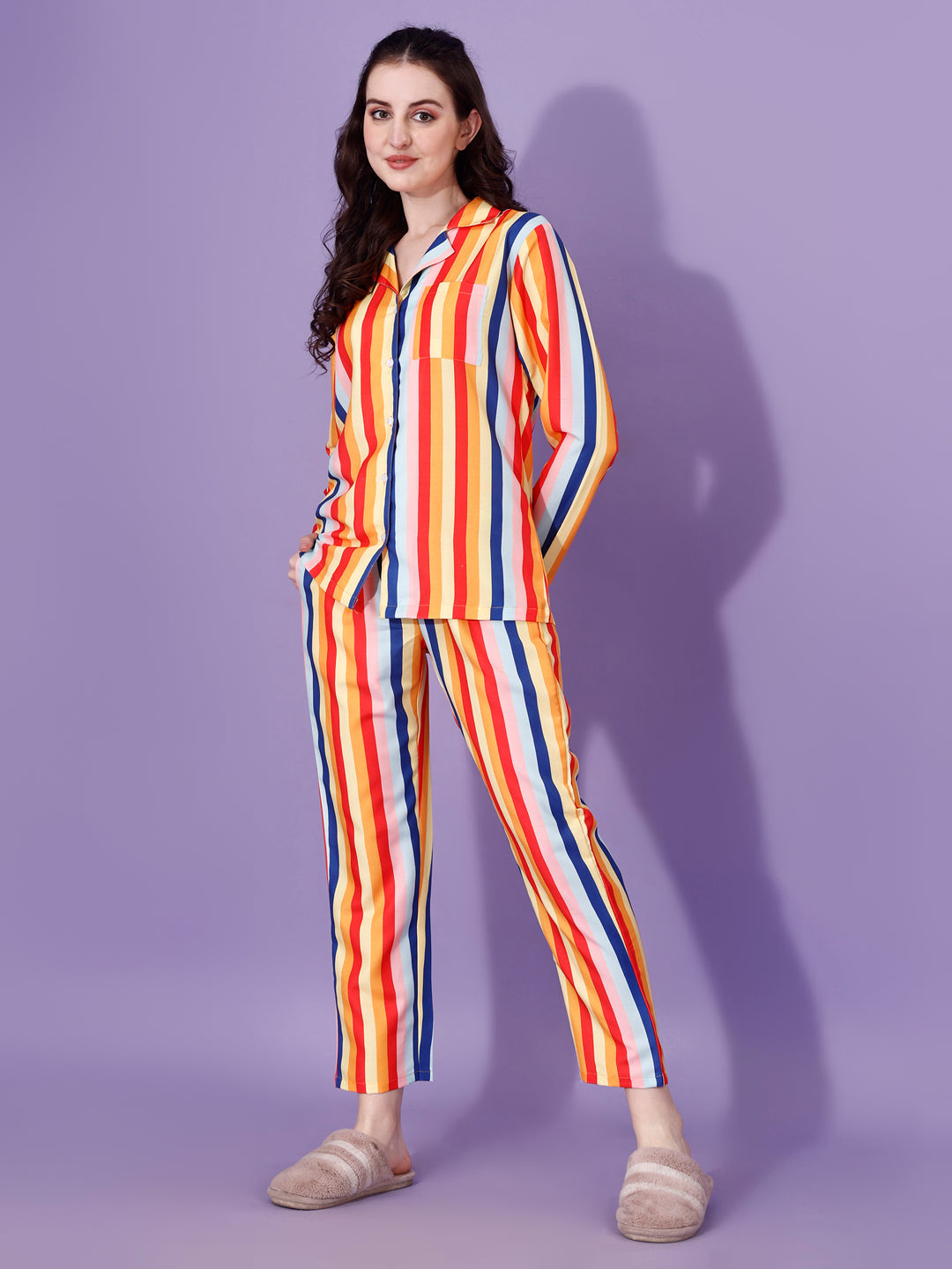 (BOGO) True Color Stripes Printed Nightsuit For Women With Free Scrunchies