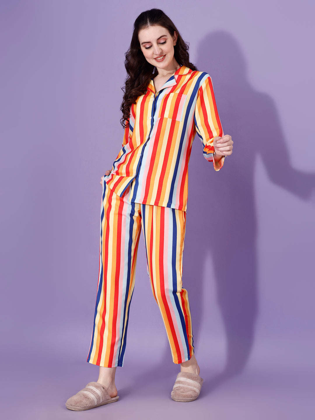 (BOGO) True Color Stripes Printed Nightsuit For Women With Free Scrunchies