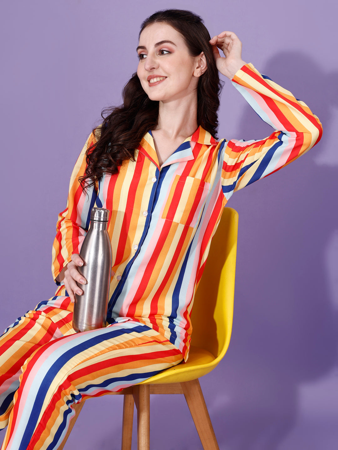 (BOGO) True Color Stripes Printed Nightsuit For Women With Free Scrunchies