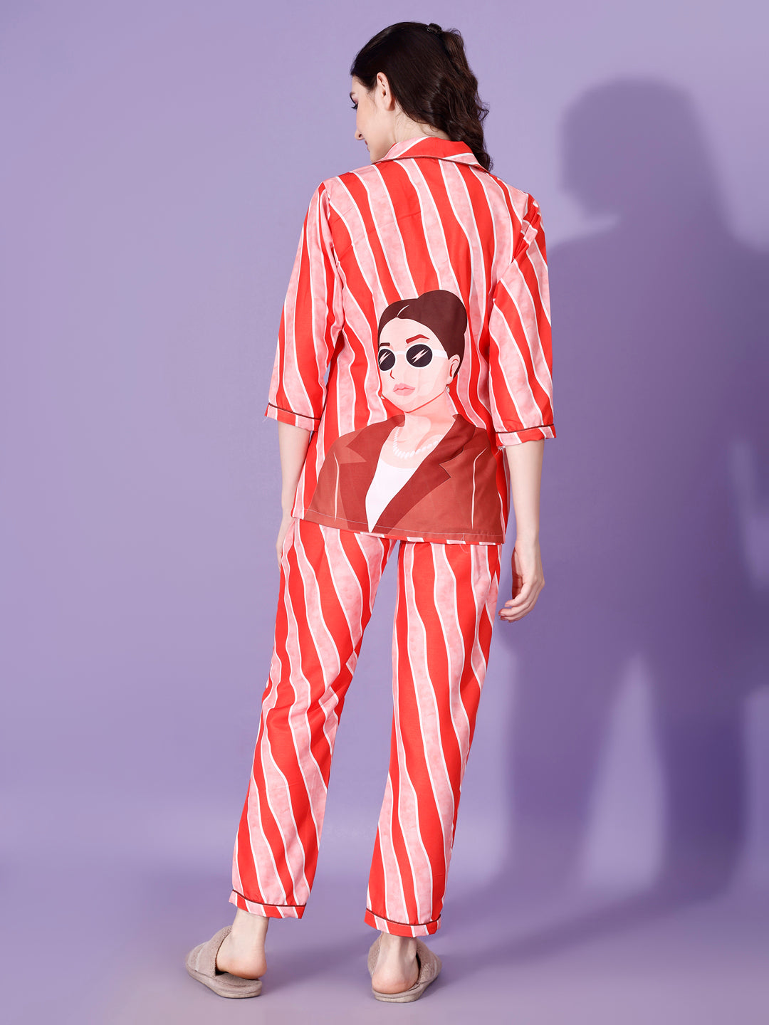 (BOGO) Beautiful Girl Back Printed Black Pyjama Set With Free Scrunchies