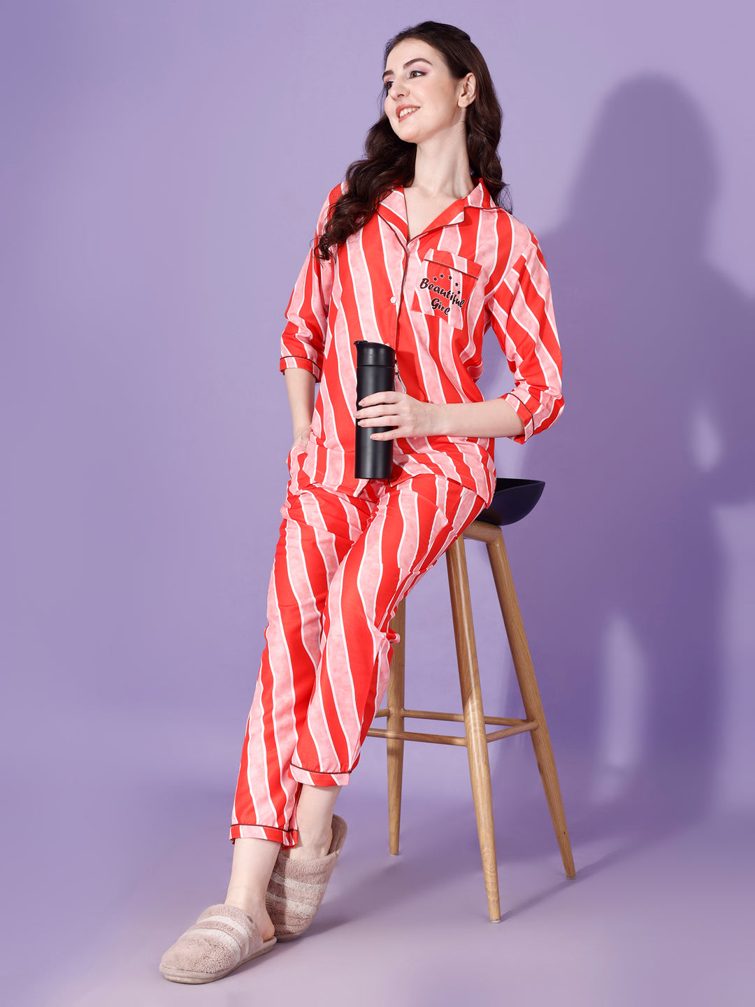 (BOGO) Beautiful Girl Back Printed Black Pyjama Set With Free Scrunchies