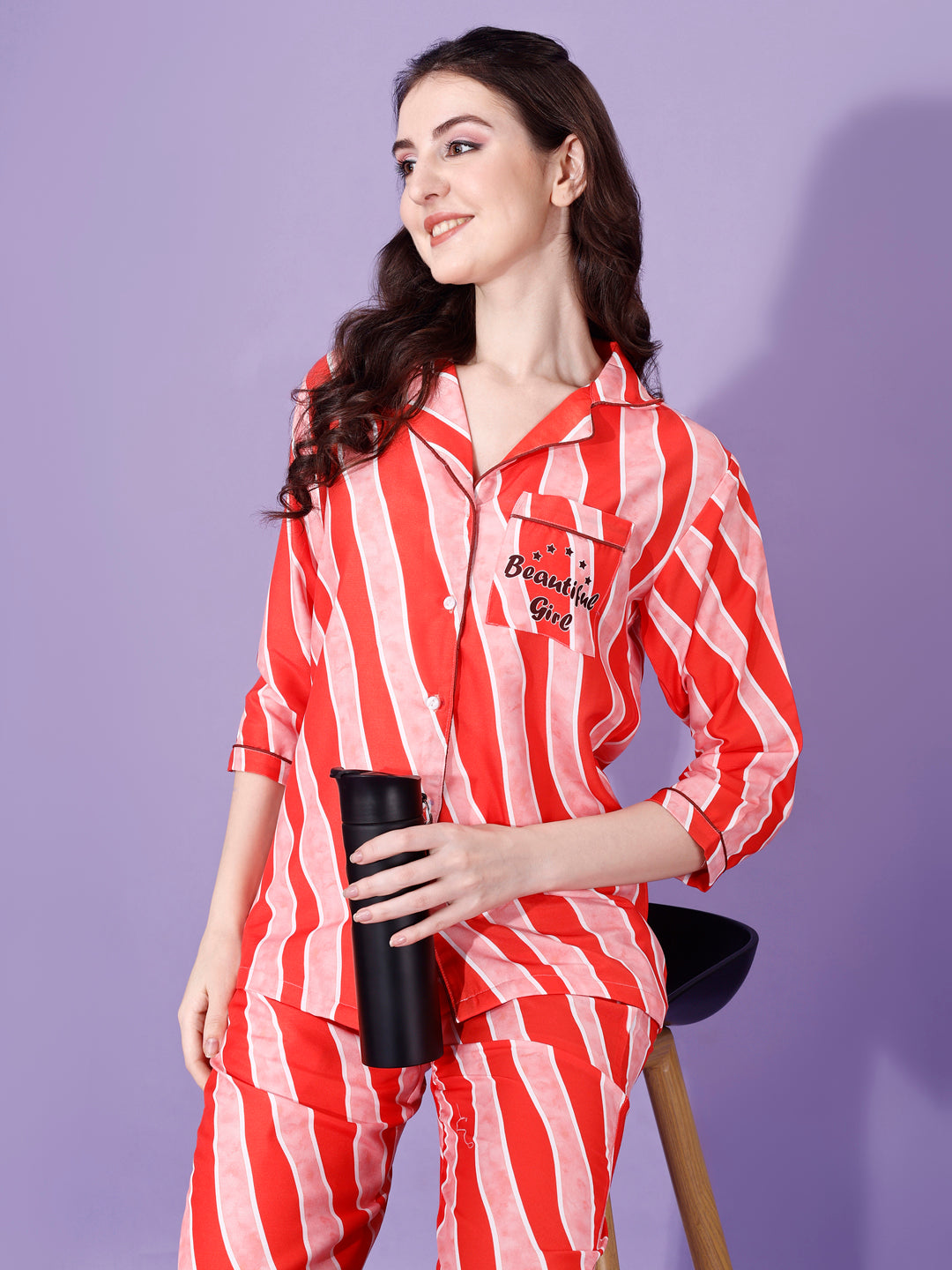 (BOGO) Beautiful Girl Back Printed Black Pyjama Set With Free Scrunchies
