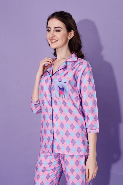 (BOGO) BTS Back Printed Purple & Pink Stripes Pyjama Set With Free Scrunchies