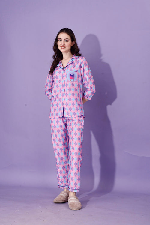 (BOGO) BTS Back Printed Purple & Pink Stripes Pyjama Set With Free Scrunchies