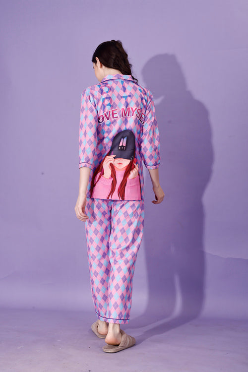 (BOGO) BTS Back Printed Purple & Pink Stripes Pyjama Set With Free Scrunchies