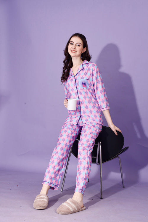 (BOGO) BTS Back Printed Purple & Pink Stripes Pyjama Set With Free Scrunchies