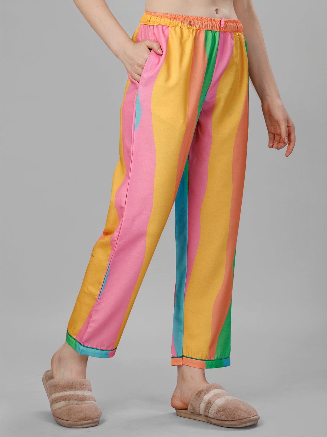 (BOGO) Partners  Stripes Printed Green Pyjama Set With Free Scrunchies