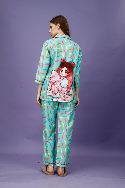 (BOGO) Cotton Candy Back Printed Black Pyjama Set With Free Scrunchies