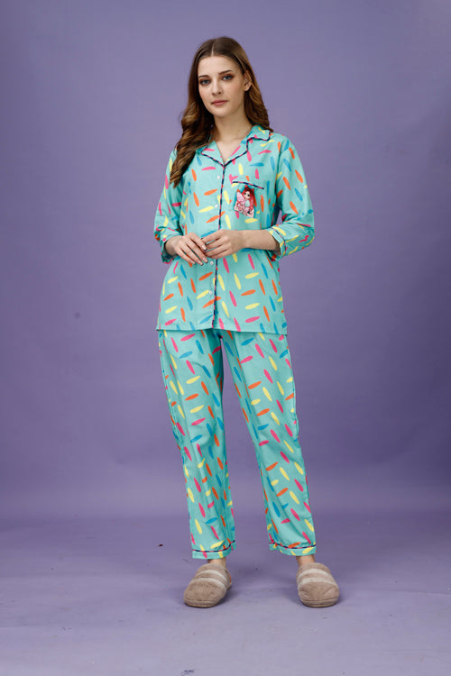 (BOGO) Cotton Candy Back Printed Black Pyjama Set With Free Scrunchies