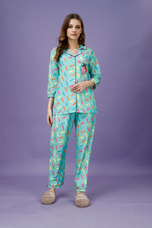 (BOGO) Cotton Candy Back Printed Black Pyjama Set With Free Scrunchies