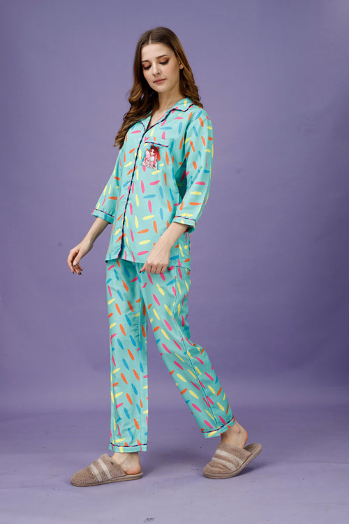(BOGO) Cotton Candy Back Printed Black Pyjama Set With Free Scrunchies