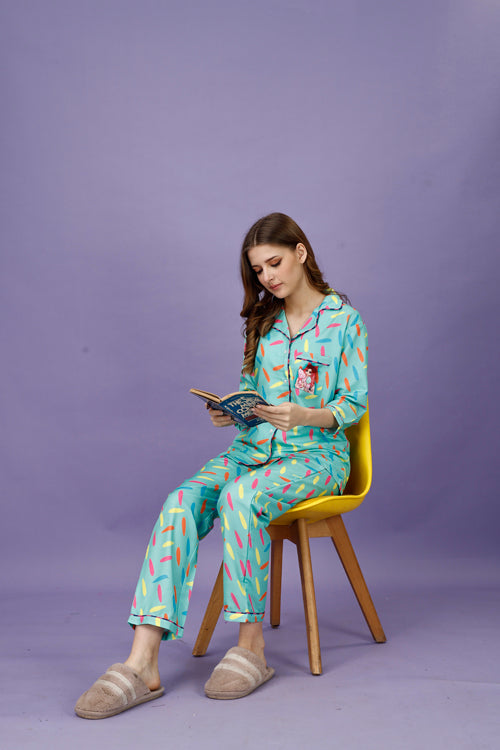 (BOGO) Cotton Candy Back Printed Black Pyjama Set With Free Scrunchies