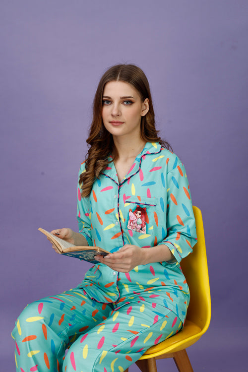 (BOGO) Cotton Candy Back Printed Black Pyjama Set With Free Scrunchies