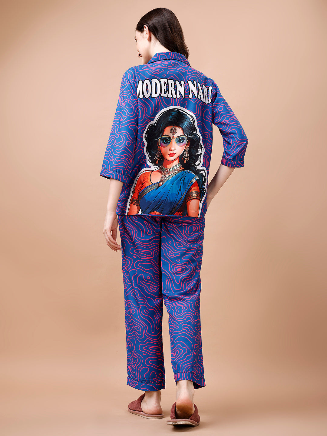 (BOGO) Modern Nari Back Printed Blue Pyjama Set With Free Scrunchies