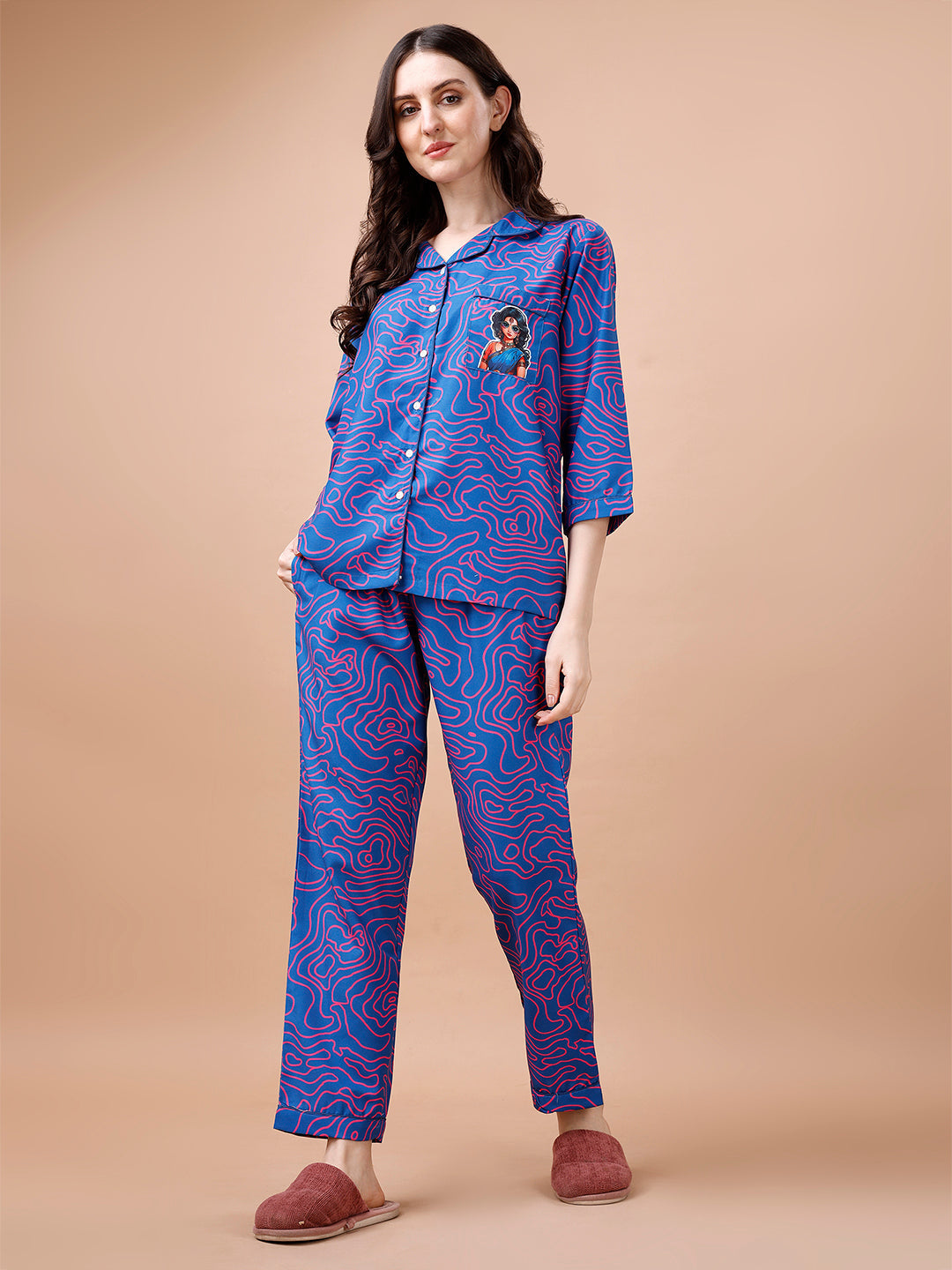 (BOGO) Modern Nari Back Printed Blue Pyjama Set With Free Scrunchies