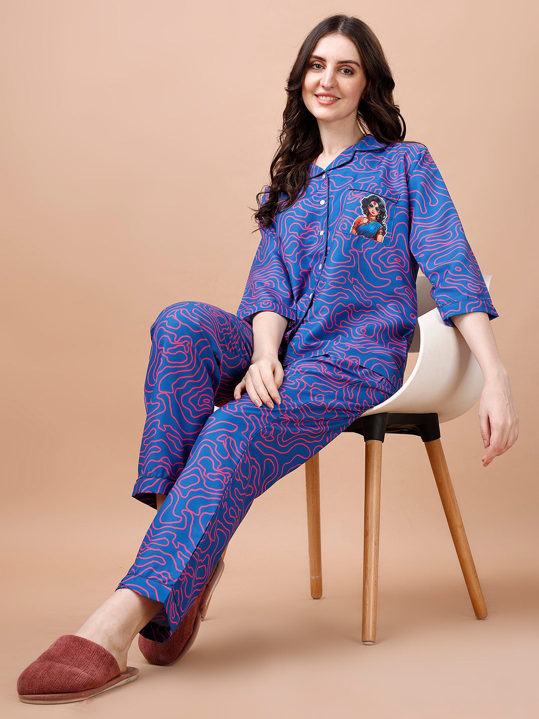(BOGO) Modern Nari Back Printed Blue Pyjama Set With Free Scrunchies