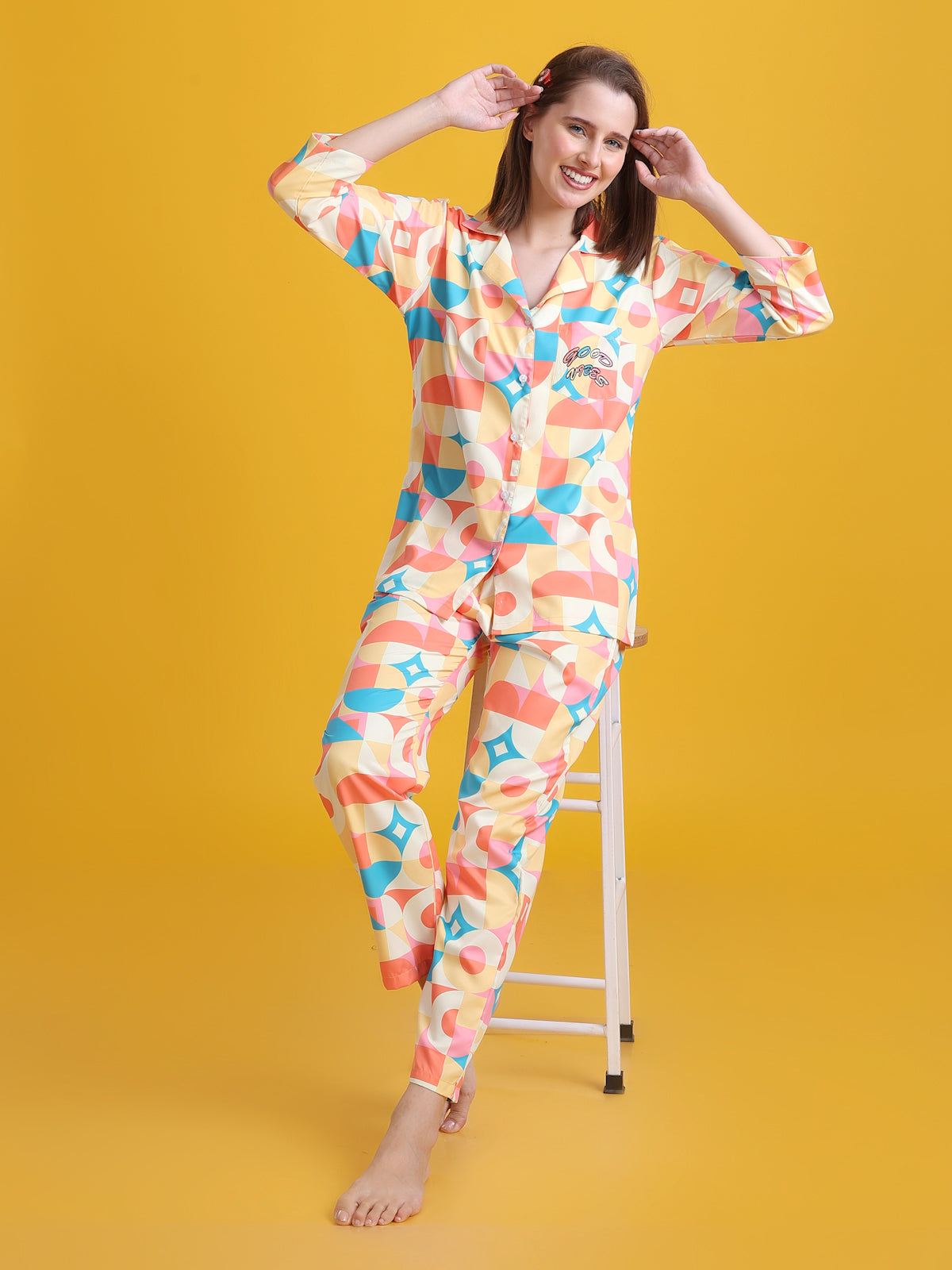 (BOGO) Sunshine Back Printed Blue Pyjama Set With Free Scrunchies
