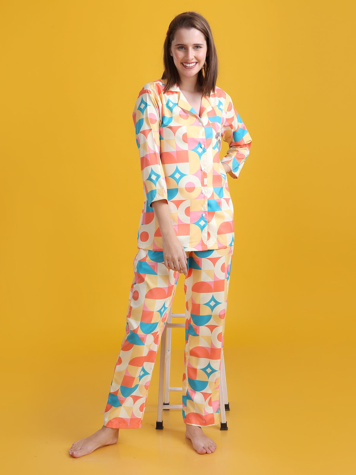 (BOGO) Sunshine Back Printed Blue Pyjama Set With Free Scrunchies